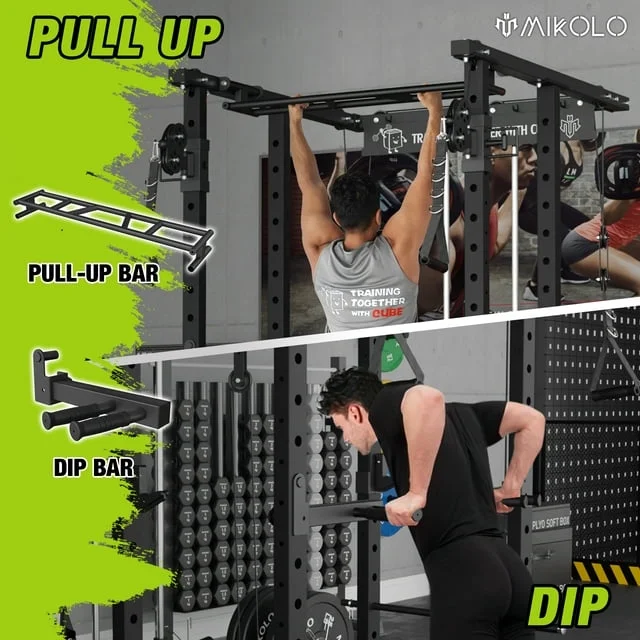 Mikolo Power Rack Cage, 1500 lbs Weight Rack with Cable Crossover Machine,Multi-Function Squat Rack with J Hooks,Dip Bars and Landmine for Home Gym (Black), Plate Loaded Machine - Womvr