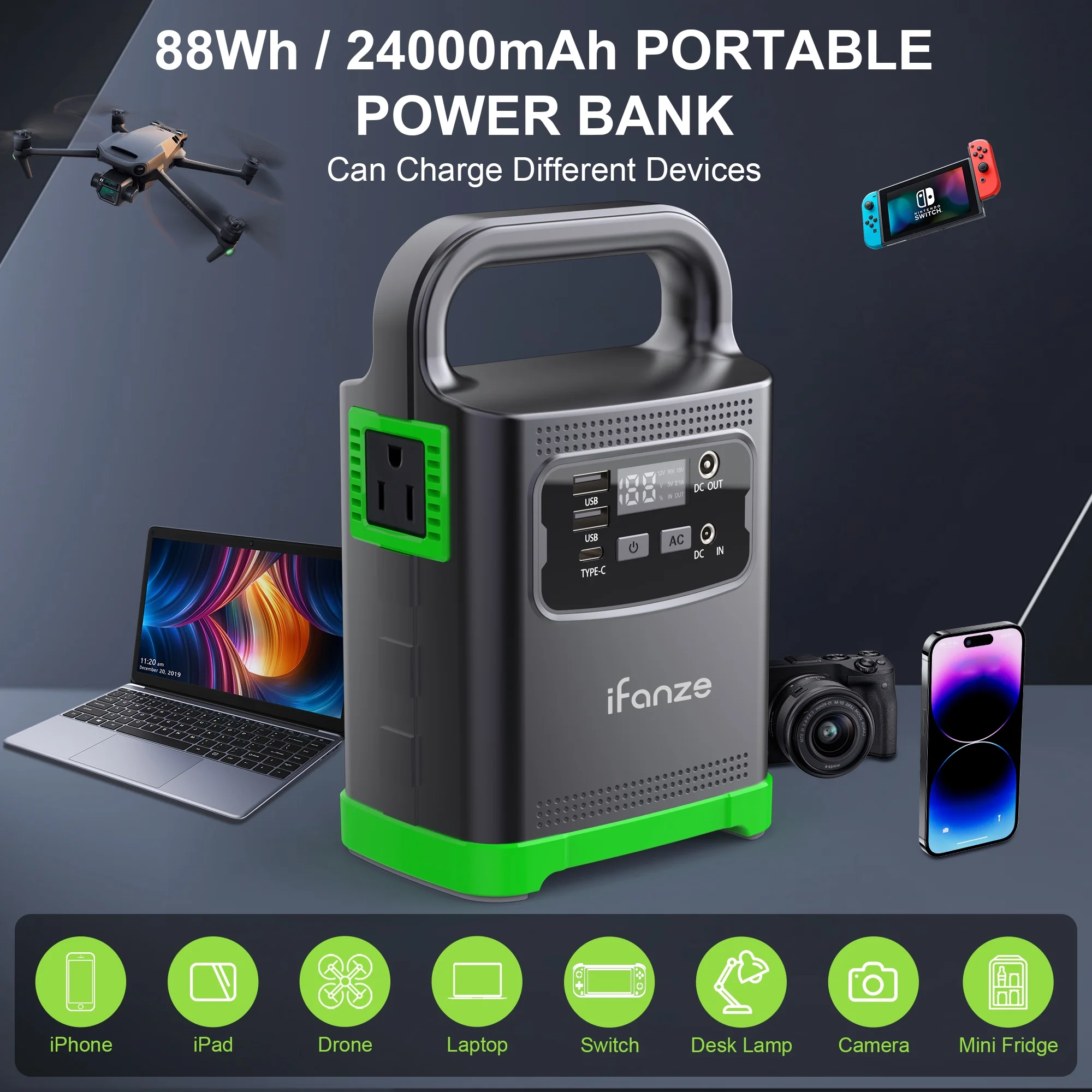 iFanze 100W Portable Power Station, 24000mAh Outdoor Solar Generator Quick Charge 110V AC, DC Ports  Generator for Outdoor Camping, Home Backup, RV Camping, Emergency, Power Outages (No Solar Panel) - Womvr