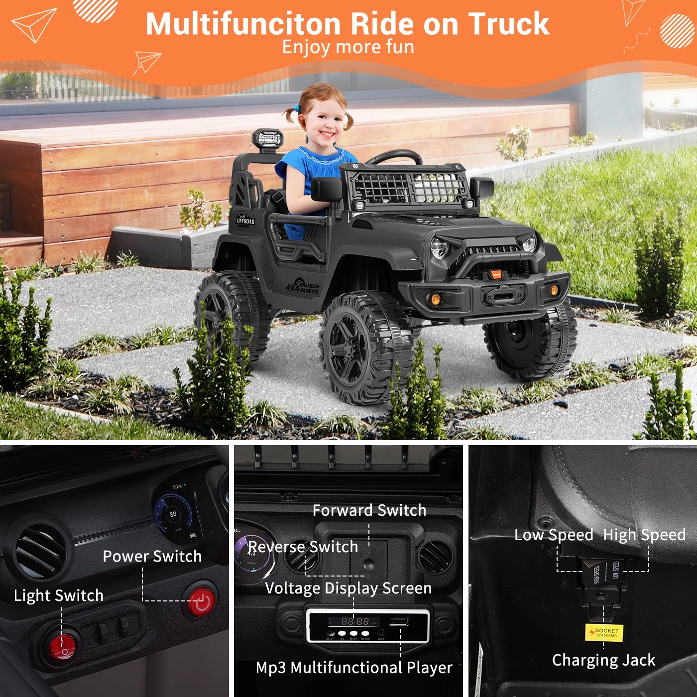 FUNTOK Kids 12V Electric Ride on Toy Car with Remote Control, Spring Suspension, DIY Stickers and Music Player - Womvr