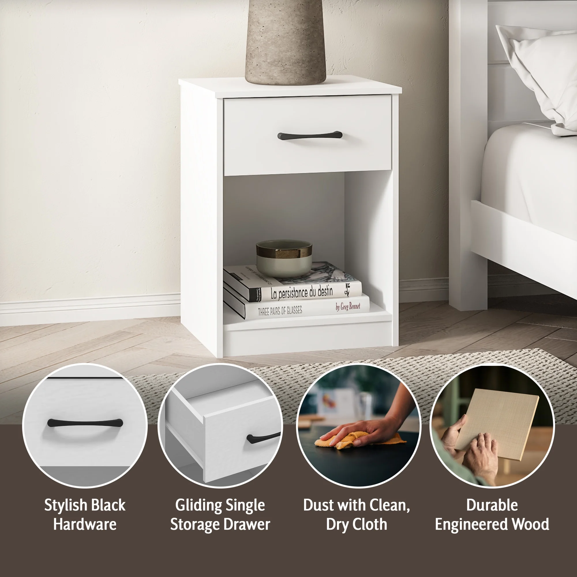 Mainstays Ardent Nightstand with 1 Drawer, White - Womvr