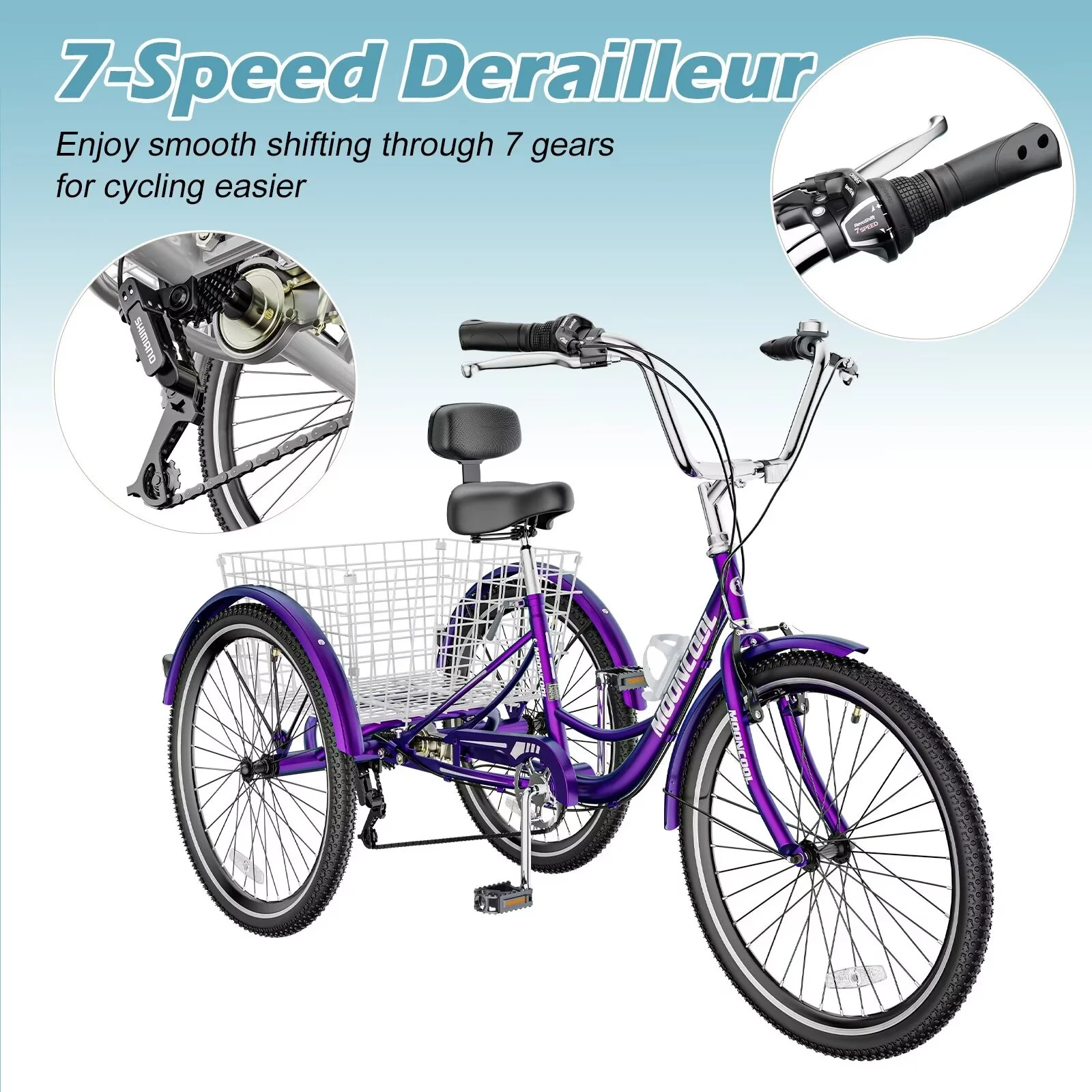 MOPHOTO 20/24/26 inch Adult Tricycle Folding 3 Wheel Cruiser Bikes 7 Speed, Portable and Foldable Trikes with Cargo Basket for Men & Women Outdoor Cycling, Purple - Womvr