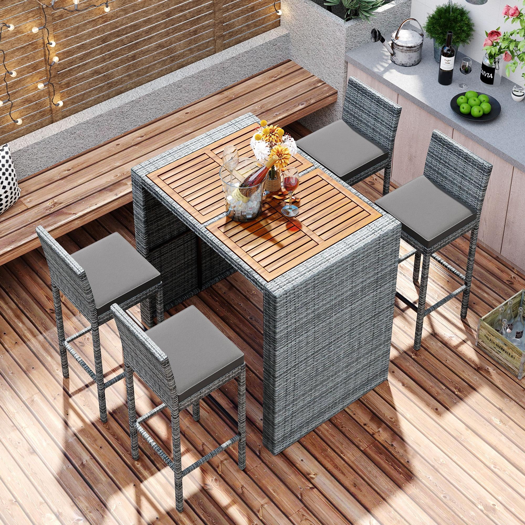 SESSLIFE 5 Piece Outdoor Rattan Dining Set with Storage Shelf, Patio Bar Table and 4 Stools Set, Modern Gray Wicker Outdoor Furniture Sets - Womvr