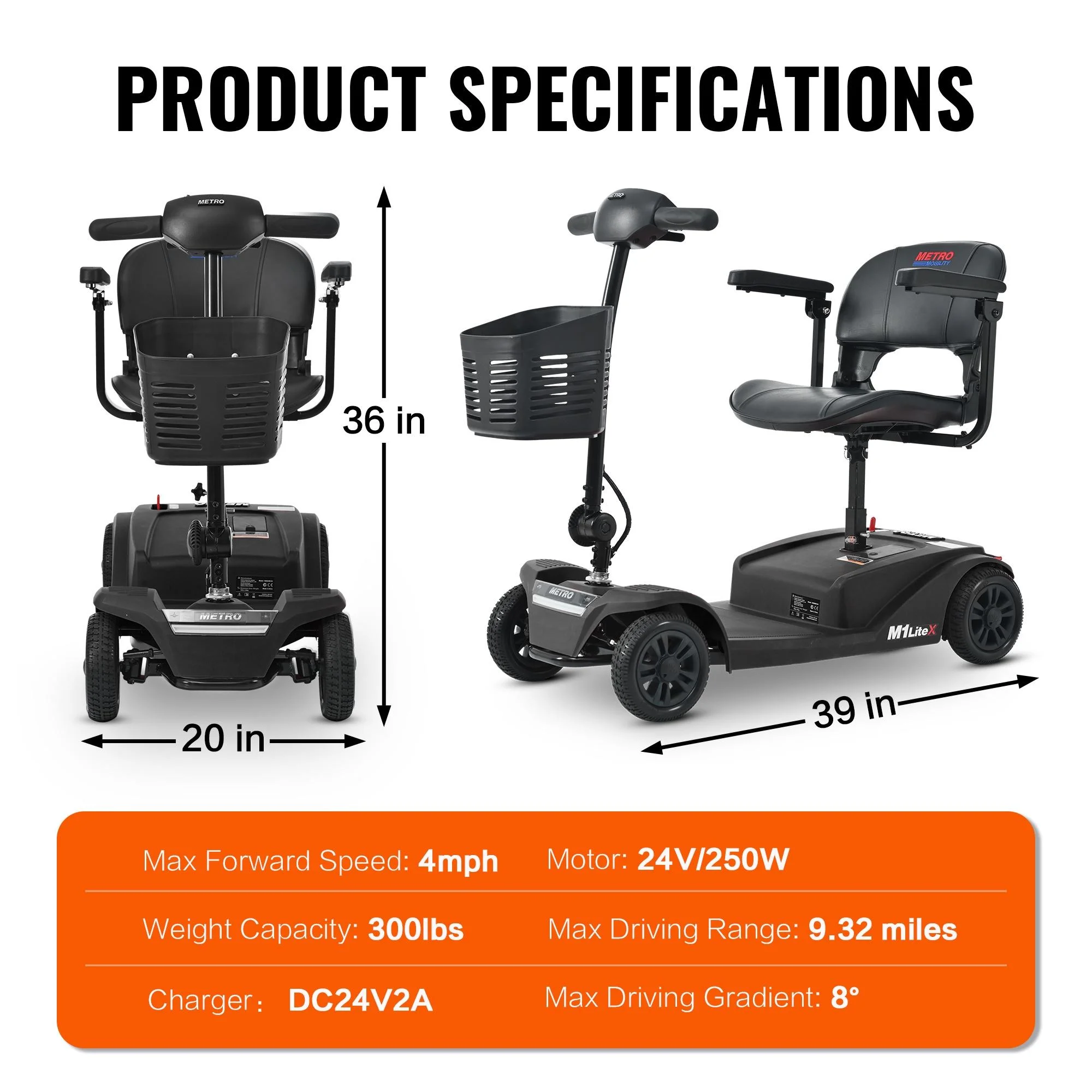 Segmart Mobility Scooter for Seniors, Heavy Duty 4-Wheel Mobile Device with Front & Rear Light, 300lbs, Black - Womvr