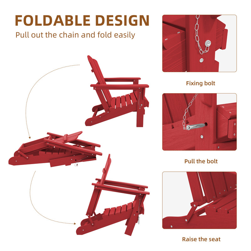 Outdoor Patio Folding HDPE Resin Adirondack Chair, Red - Womvr