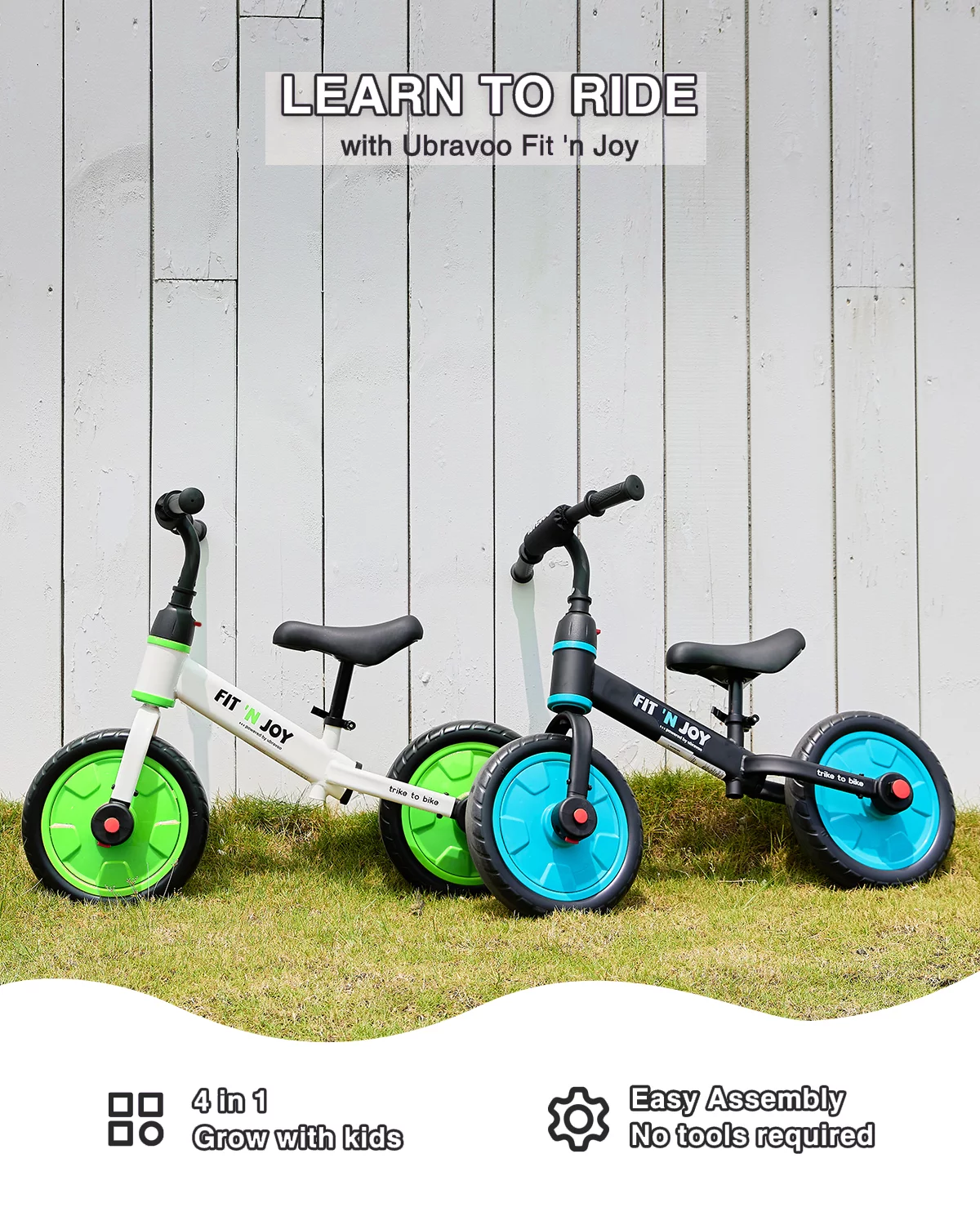 Ubravoo Fit 'n Joy Toddler Balance Bike,4-in-1 Starter Kids Training Bicycle,Rear Single Rod,Blue - Womvr