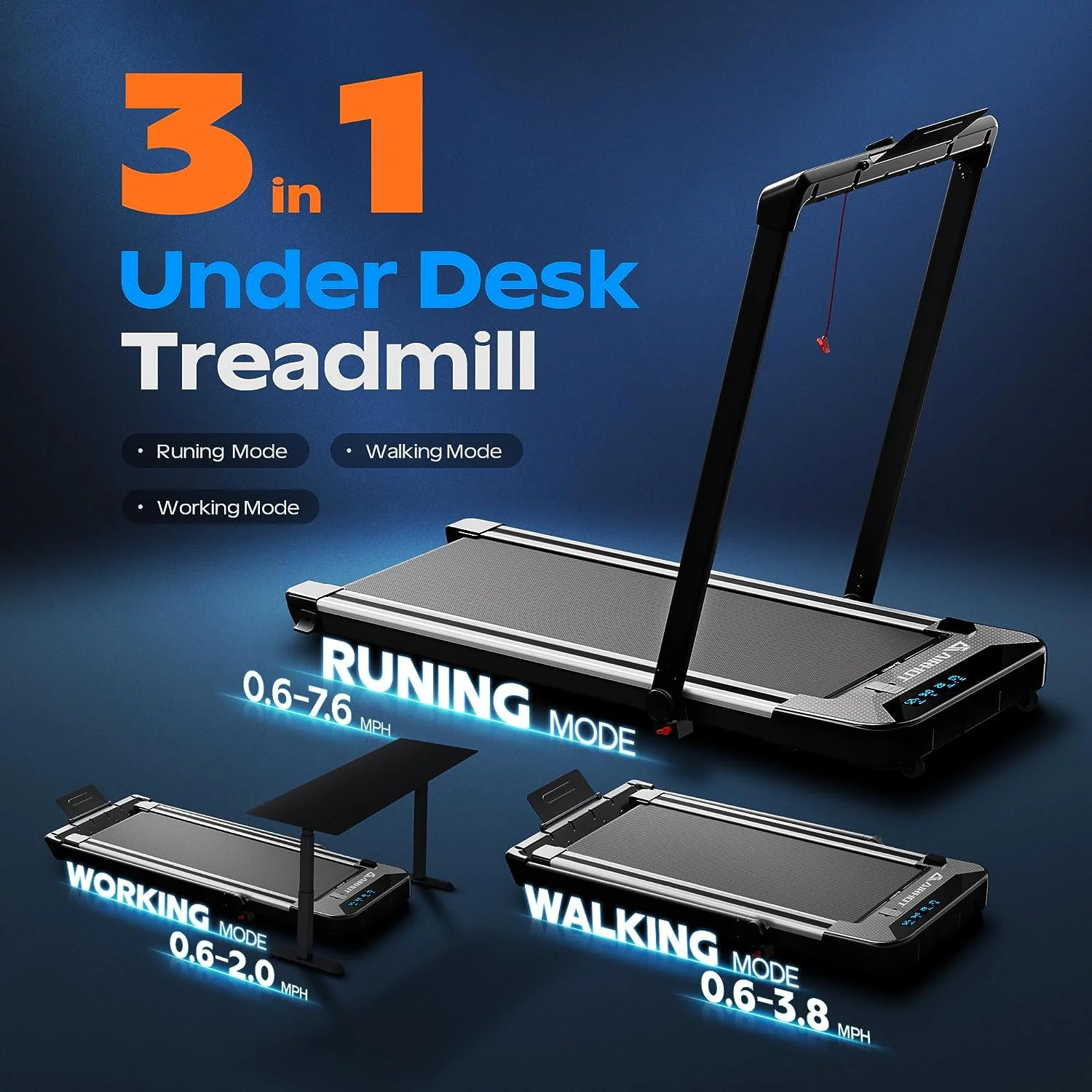 COOLHUT Under Desk Treadmill, Walking Pad 3 in 1 Folding Treadmill, Walking Jogging Treadmills for Home Office, 2.5HP Low-Noise Treadmill LED Display and Knob Speed Adjustment - Womvr