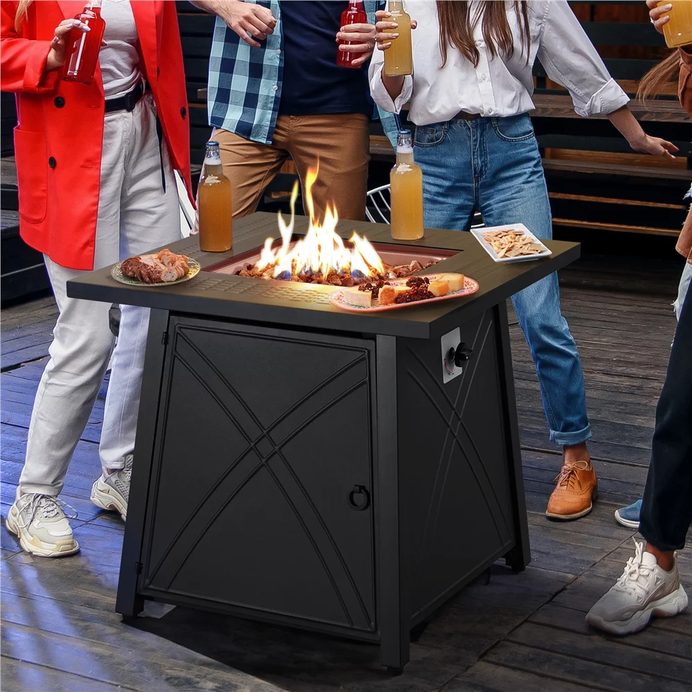 Topeakmart 28'' Square Propane Fire Pit Table 50,000 BTU with Lid & Iron Tabletop, Black - Womvr