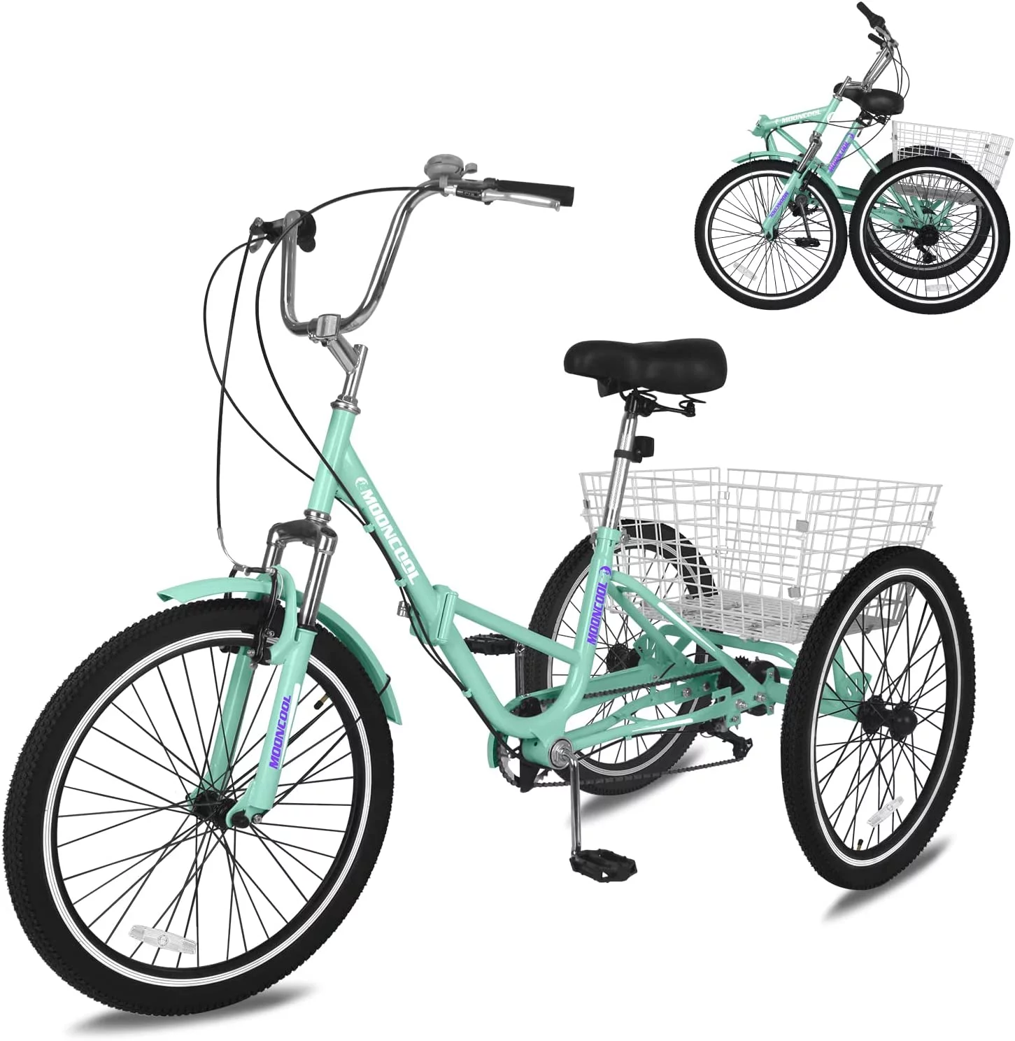 MOONCOOL Adult Folding Tricycle, 7 Speed 20/24/26 inch Adult Tricycles, Three Wheel Bike Cruiser Trike with Large Basket - Womvr