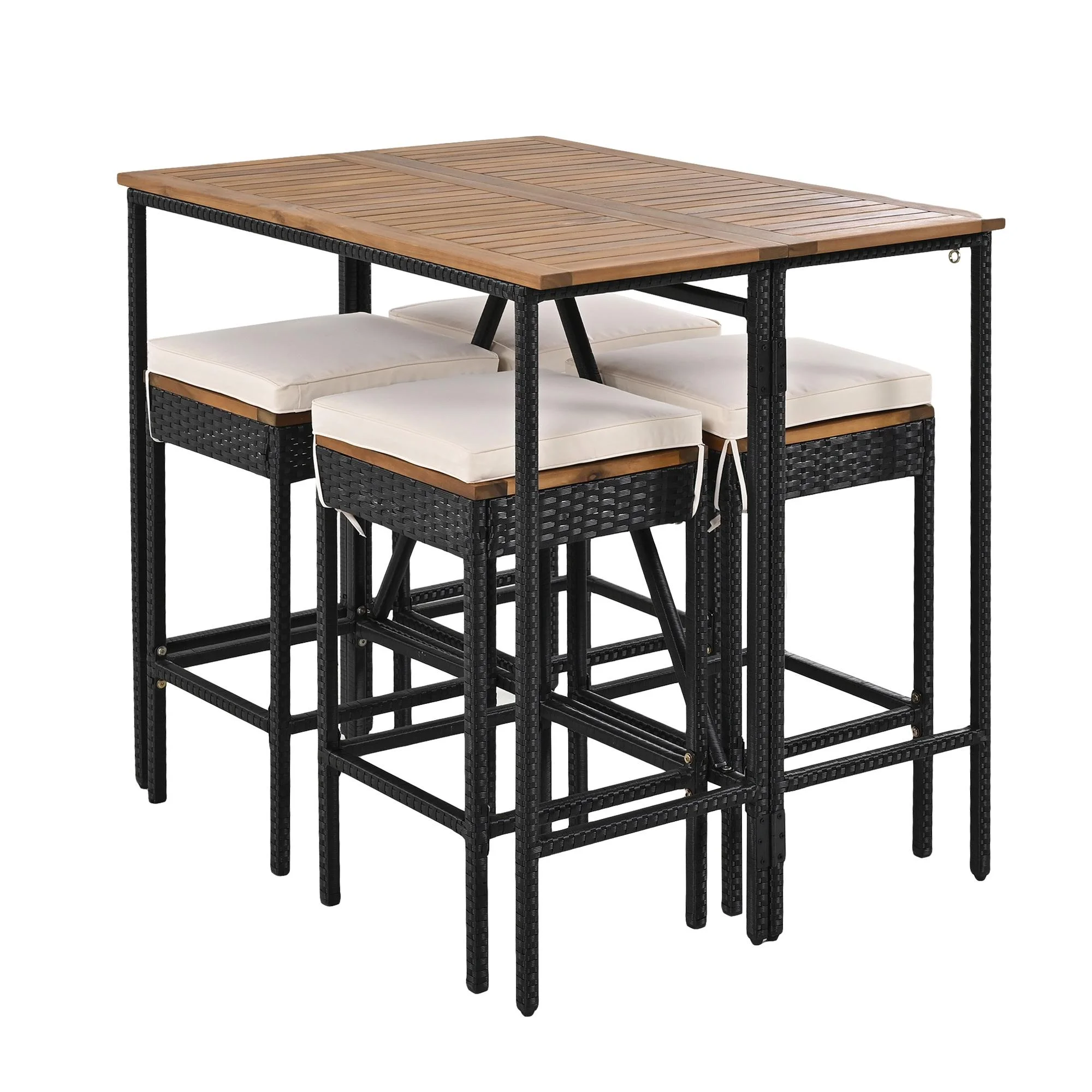 SESSLIFE 5 Piece Outdoor Rattan Dining Set with Storage Shelf, Patio Bar Table and 4 Stools Set, Modern Gray Wicker Outdoor Furniture Sets - Womvr