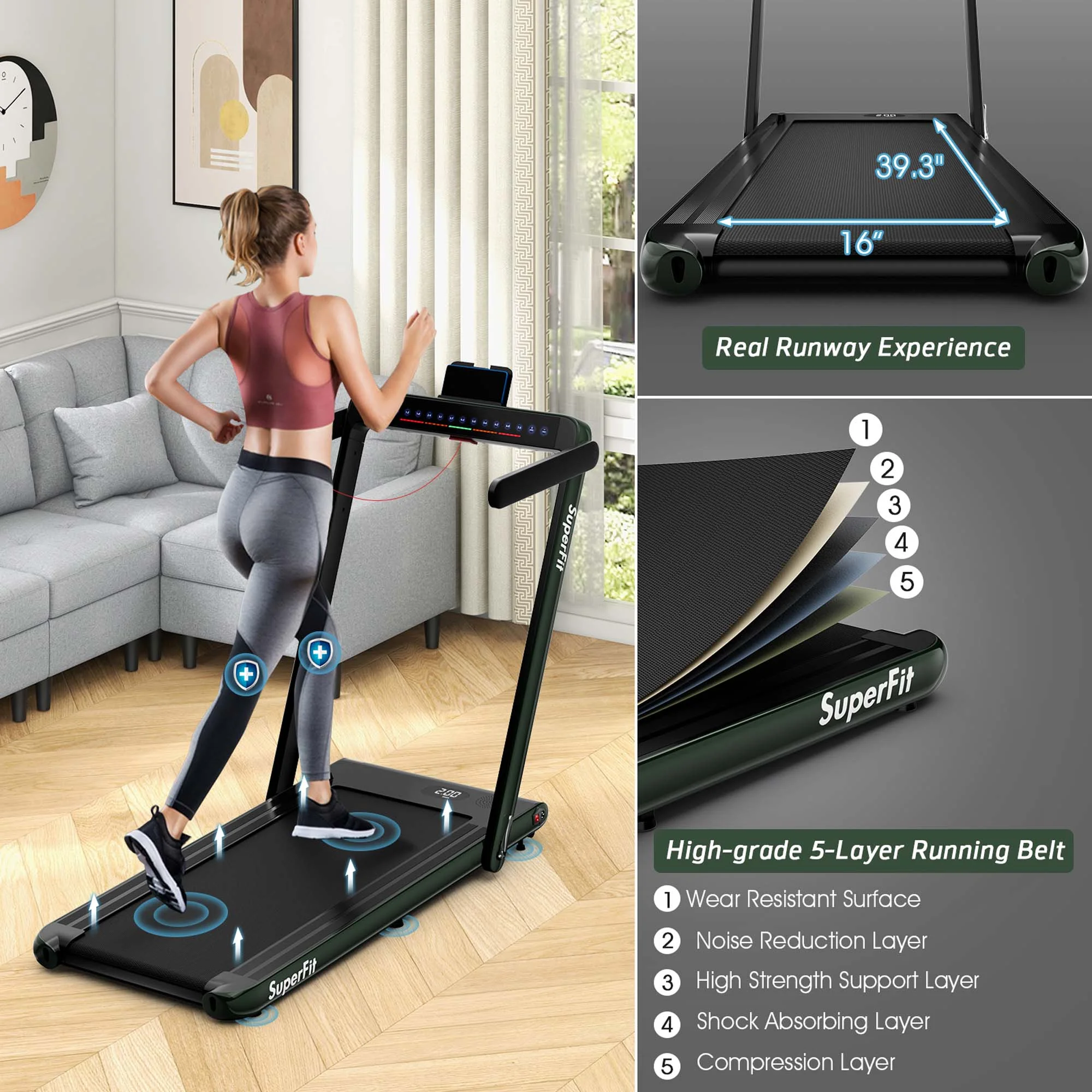 SuperFit Up To 7.5MPH 2.25HP 2 in 1 Dual Display Screen Folding Treadmill Jogging Machine W/APP Control Silver - Womvr
