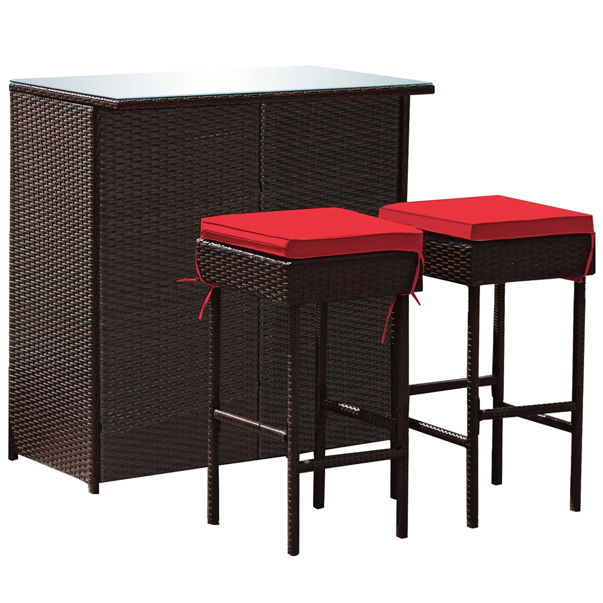 Costway 3PCS Patio Rattan Wicker Bar Table Stools Dining Set Cushioned Chairs Garden - Womvr