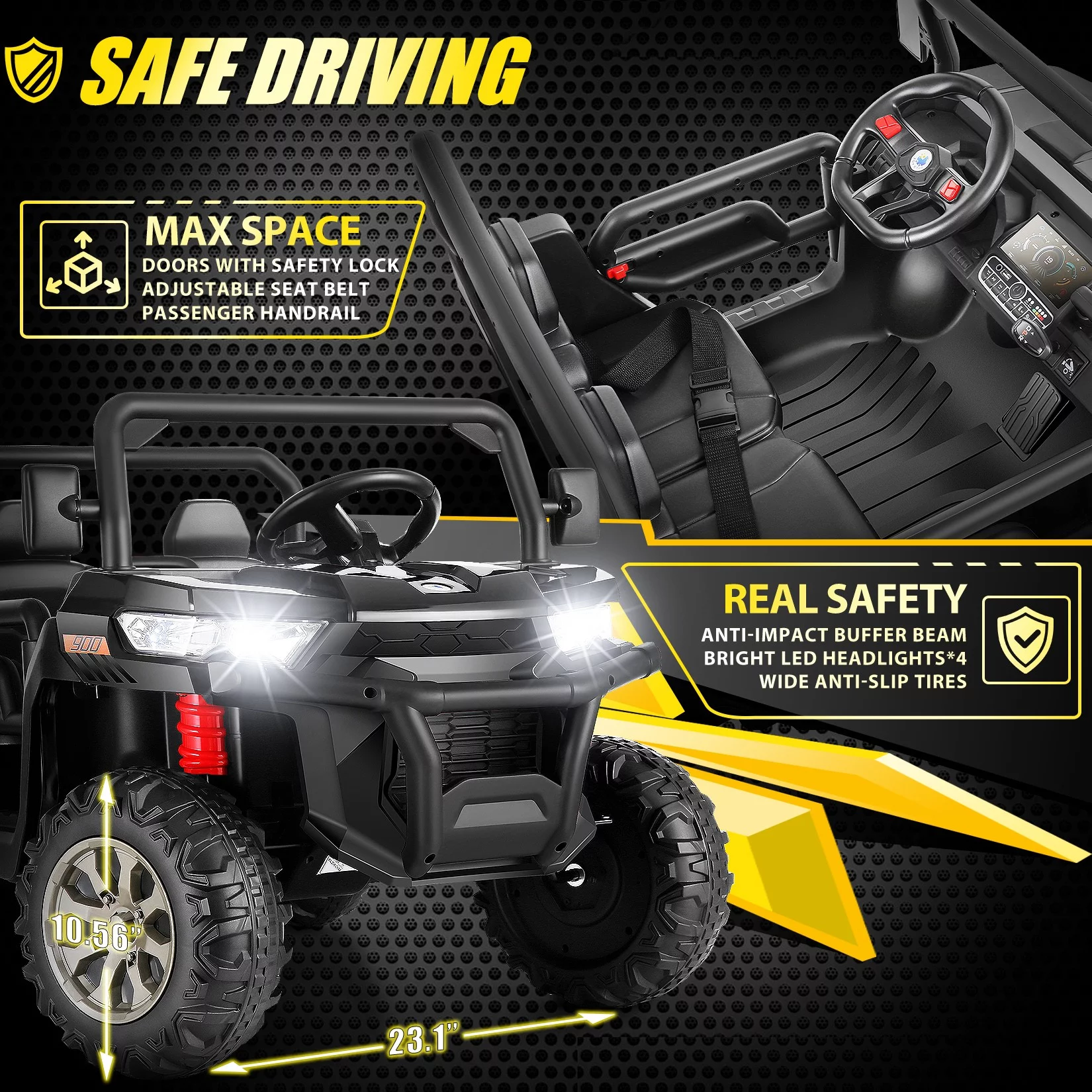 Funcid 24 V 4WD Kids Kids Ride on UTV with Remote Control, 2 Seater 6-Wheel Ride on Dump Truck Car, Ride on Toys w/ Tipping Bucket Trailer & Shovel,Bluetooth Music, Black - Womvr