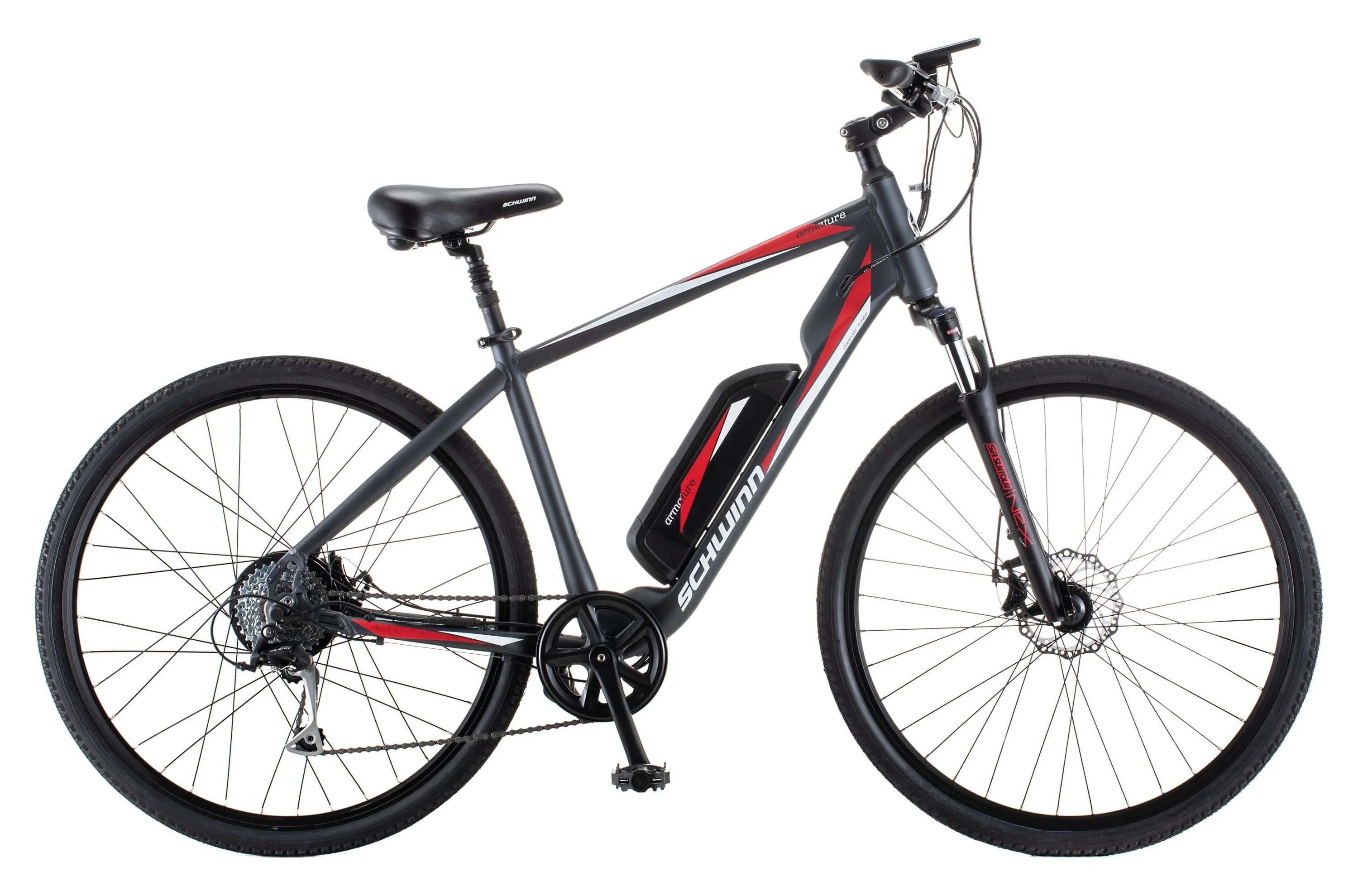 Schwinn 700c Armature Unisex Electric Bike, Black and Red Ebike for Adults, Large Frame - Womvr