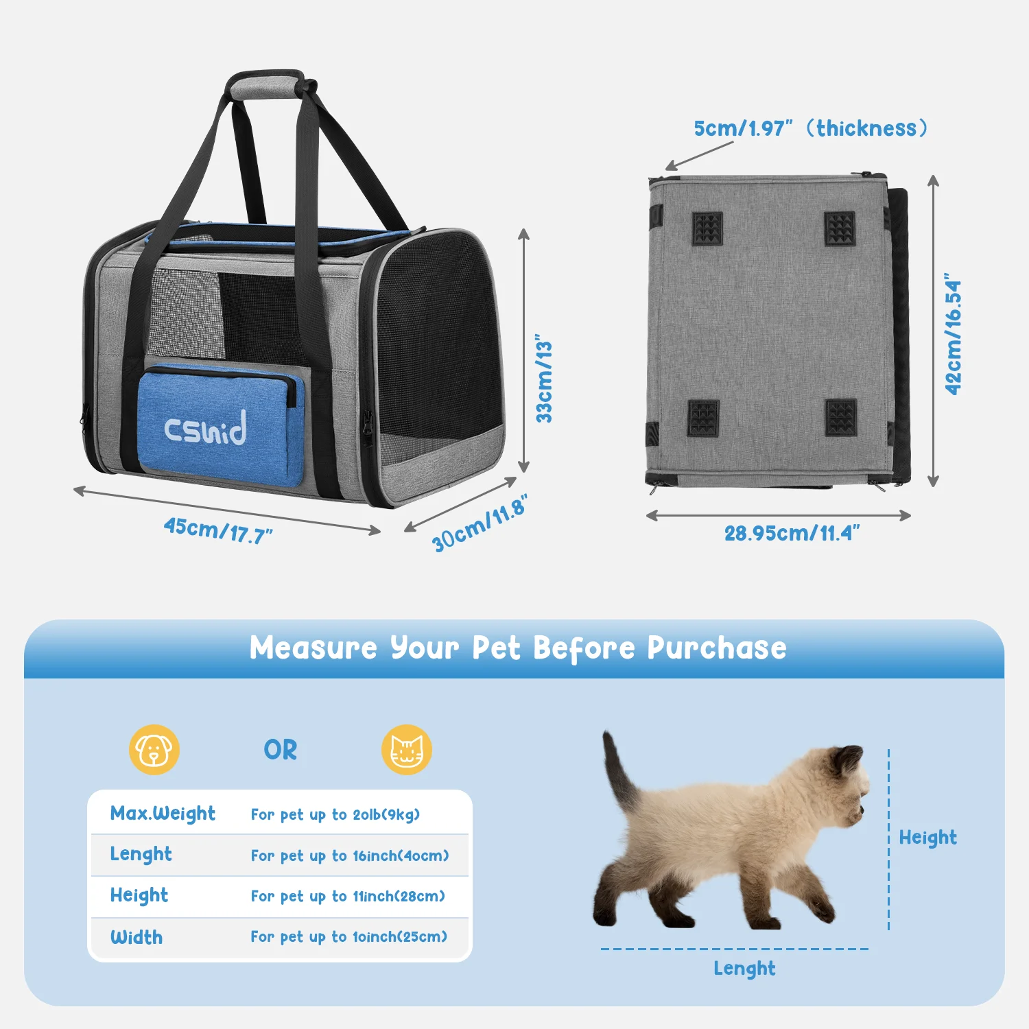 Cat Carrier, Soft Sided Cat Carriers for Large Small Medium Dogs Cats Under 25lbs, Foldable Pet Travel Carrier with a Bowl/Washable Pad, TSA Airline Approved, Blue - Womvr