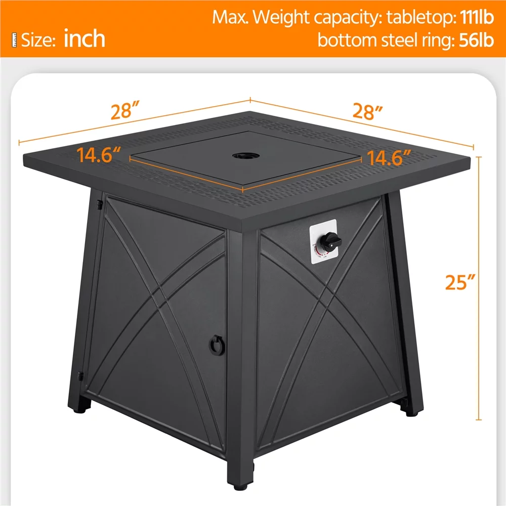Topeakmart 28'' Square Propane Fire Pit Table 50,000 BTU with Lid & Iron Tabletop, Black - Womvr