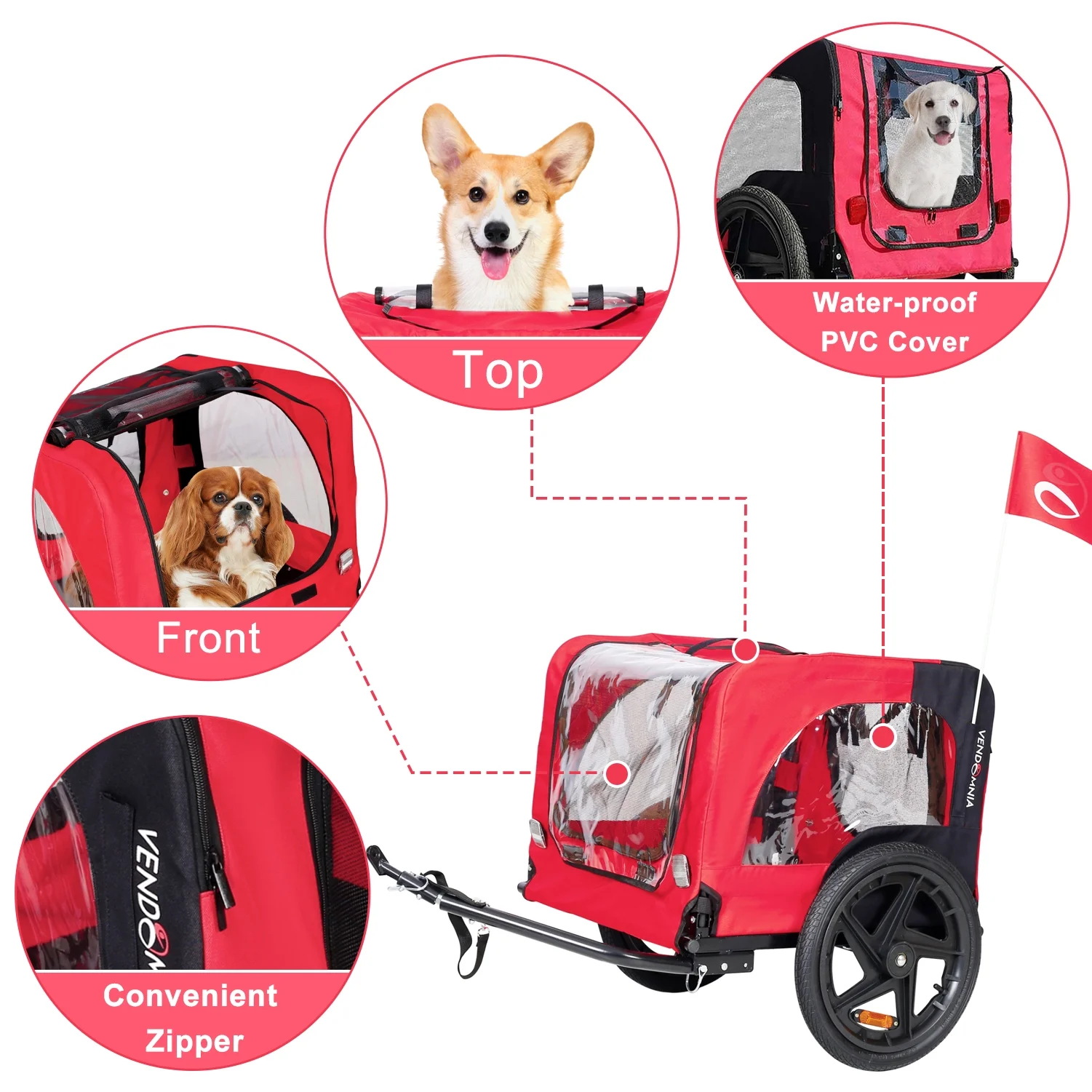 Best Bicycle Trailer for Pets Outdoor Foldable Dog Cycling Trailer with Reflectors and Safety Flag Bike Cargo Wagon Carrier w/Universal Hitch Red - Womvr