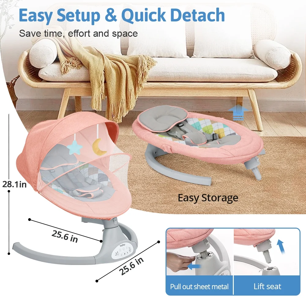 Electric Baby Swing, Bioby Infant Swing Chair Rocker with Remote Control, 5 Swing Speeds, Seat Belt, Bluetooth Music, Grey - Womvr