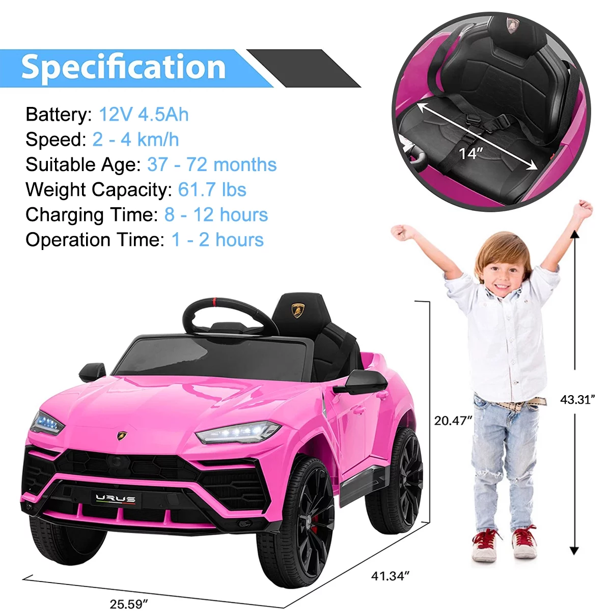 FUNTOK Lamborghini Urus 12V Electric Powered Ride on Car for Kids, with Remote Control, Foot Pedal, MP3 Player and LED Headlights - Womvr