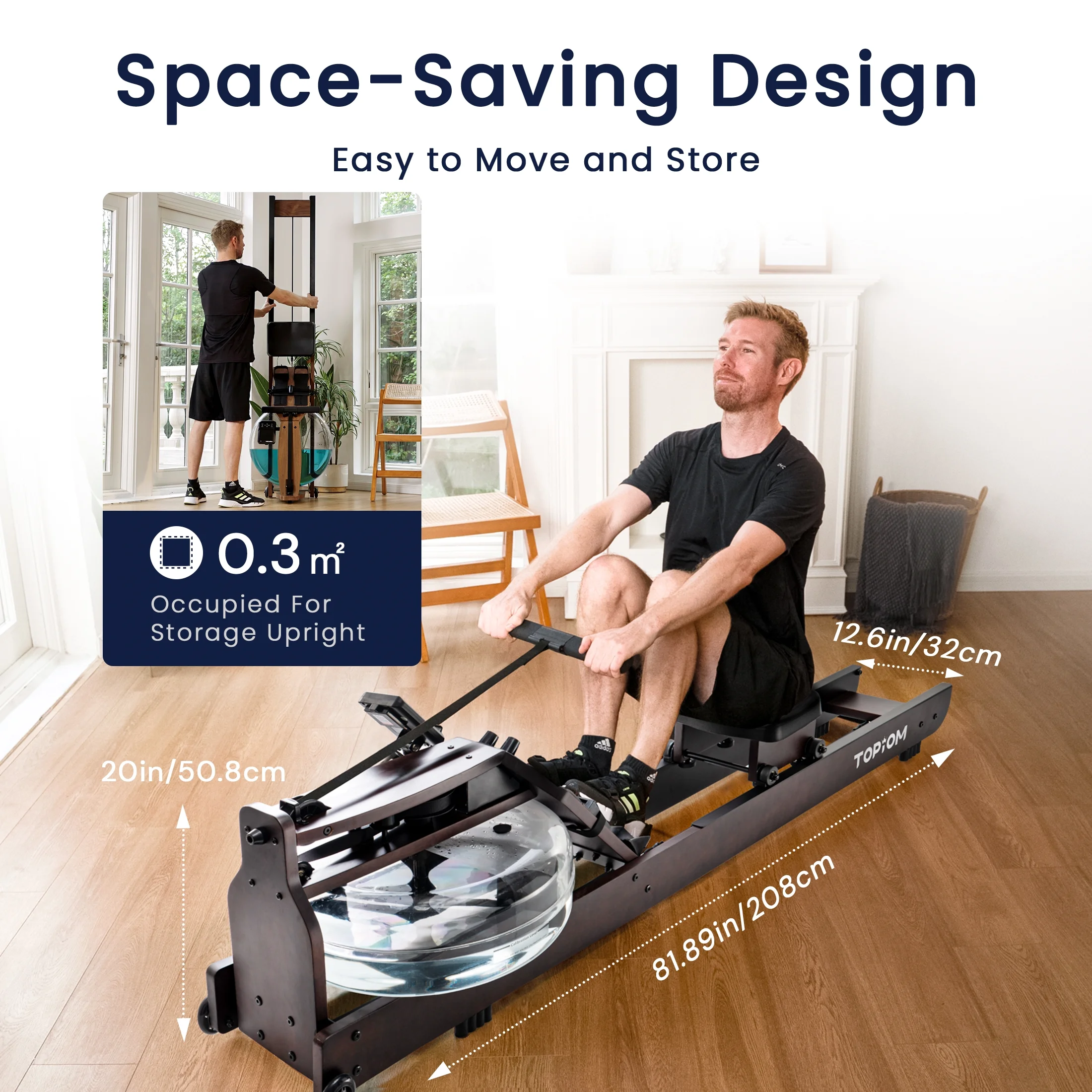 Topiom Water Rowing Machine with TM-3 Performance Monitor Bluetooth Connected 400 lbs Max Load - Womvr