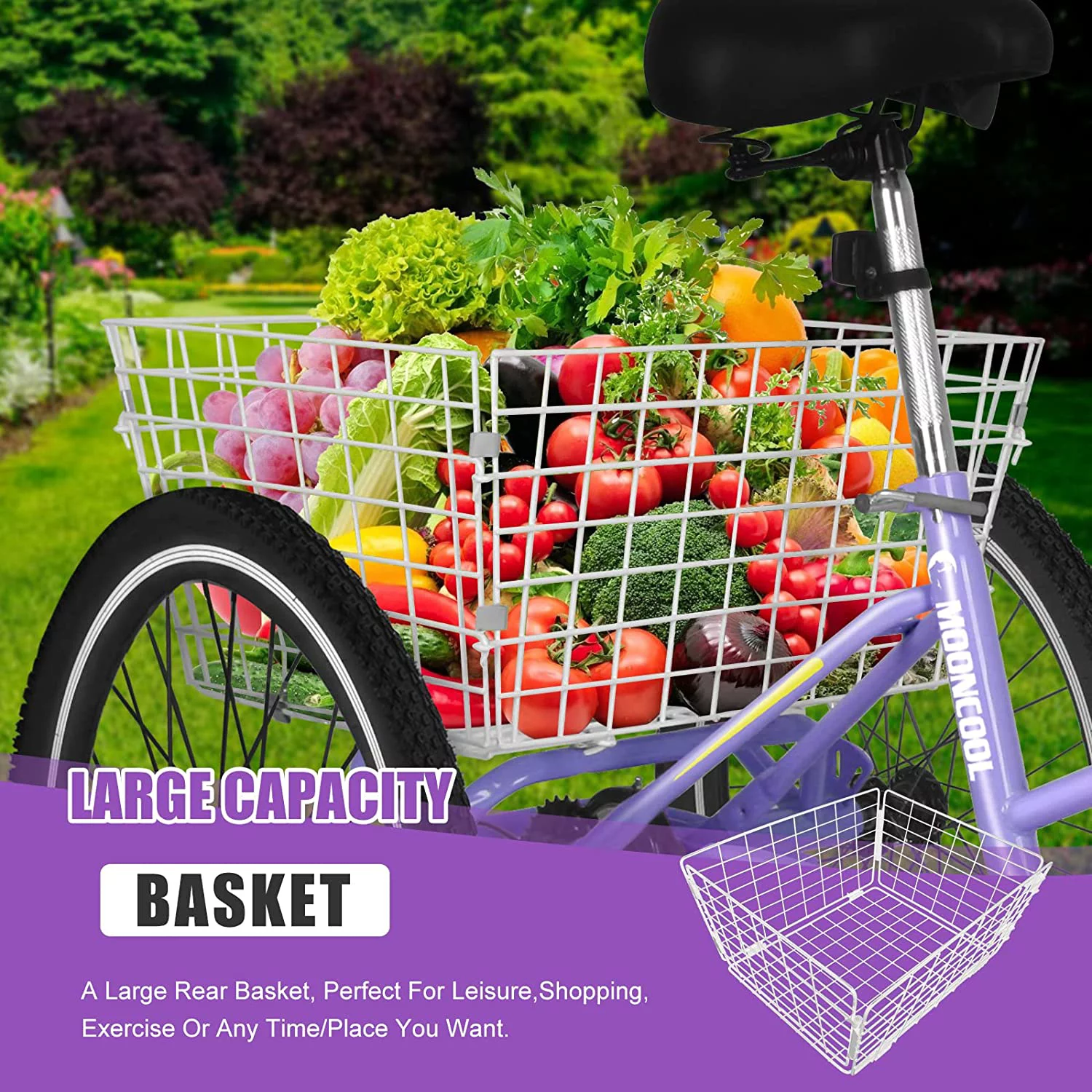 MOONCOOL Adult Folding Tricycle, 7 Speed 20/24/26 inch Adult Tricycles, Three Wheel Bike Cruiser Trike with Large Basket - Womvr