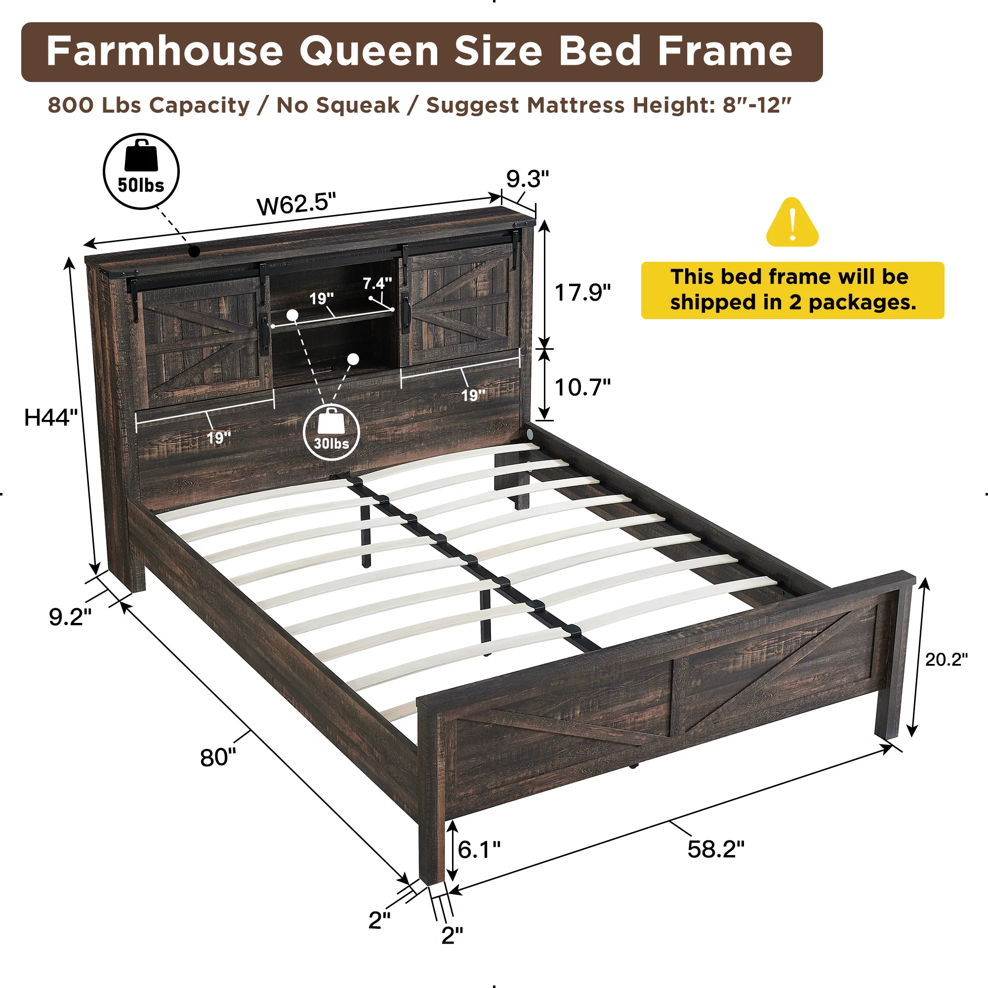 OKD Farmhouse Full Bed Frame, Wood Platform Bed with Bookcase Storage Headboard and Charging Station, No Box Spring Needed, Light Rustic Oak - Womvr