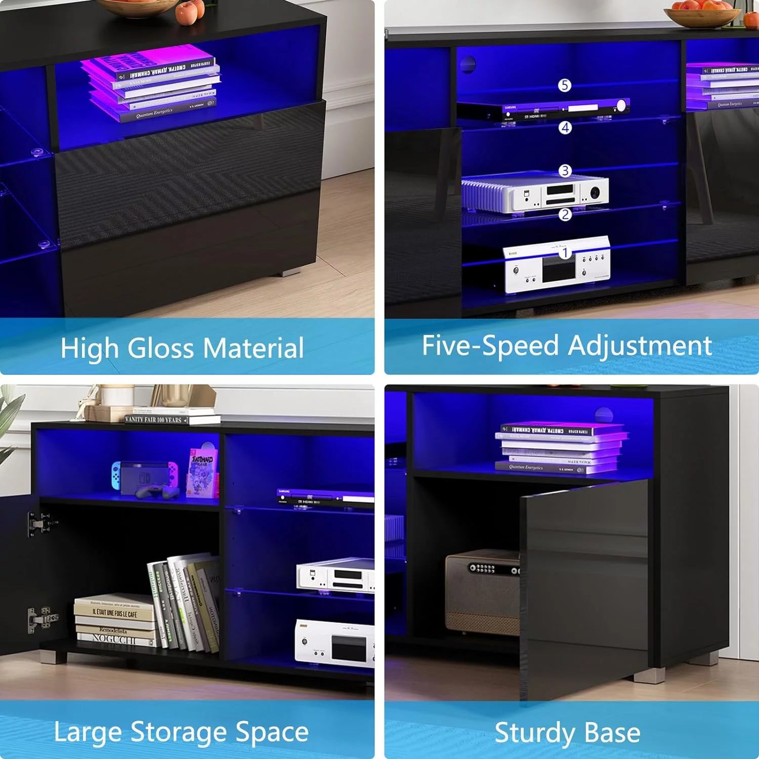 ChVans LED TV Stand for 65/70inch, High Glass Modern Entertainment Center with LED Lights and Glossy Cabinets(Black-65