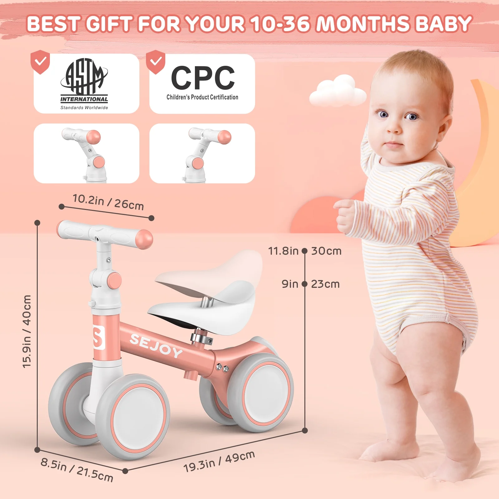 Sejoy Baby Balance Bike, Toddler Baby Bicycle with 4 Wheels for 10-36 Months, Adjustable Handlebar Baby Outdoor Bike Riding Toy, First B-day Gift - Womvr