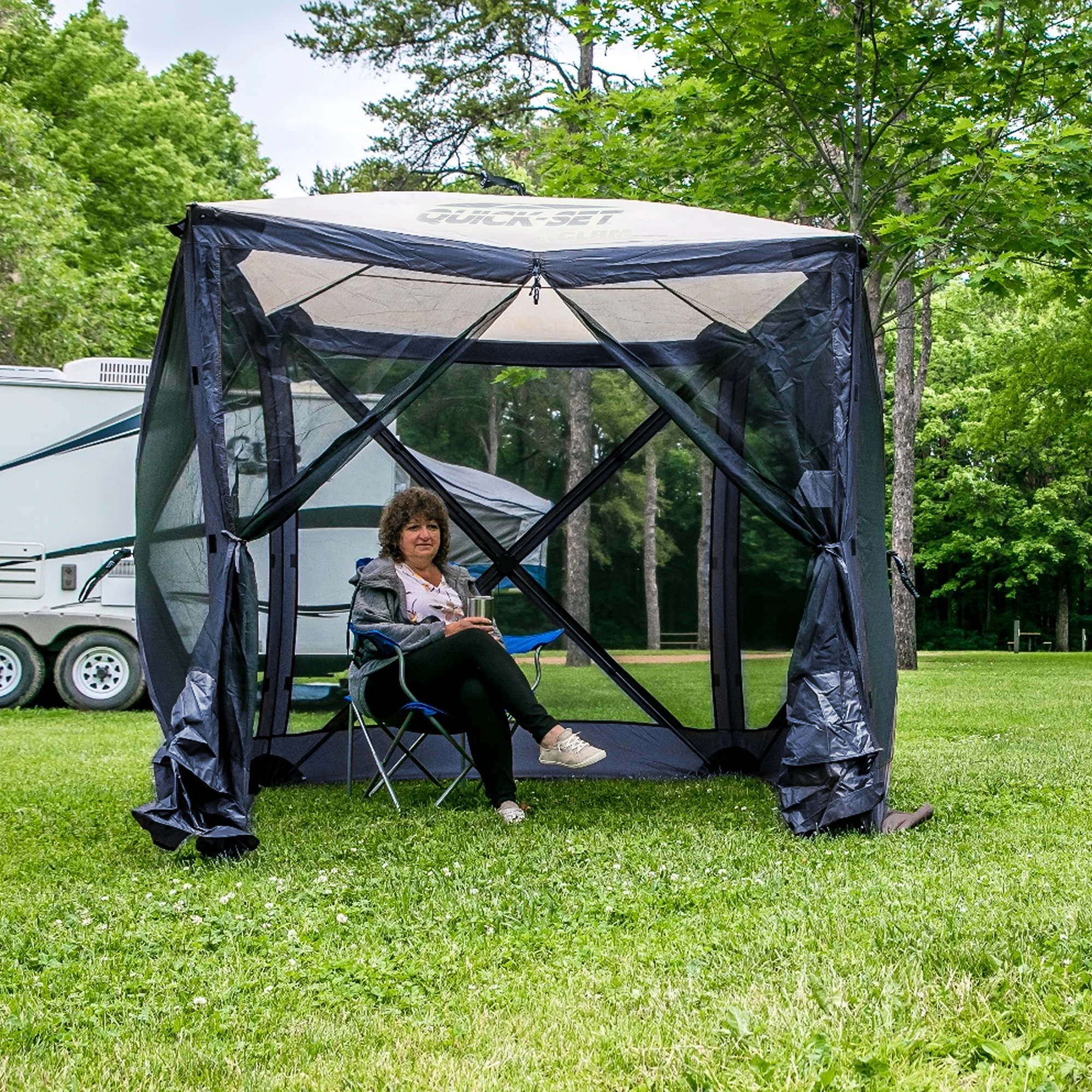 CLAM Quick-Set 9 x 9 Ft Venture Portable Outdoor Canopy Shelter, Green/Tan - Womvr