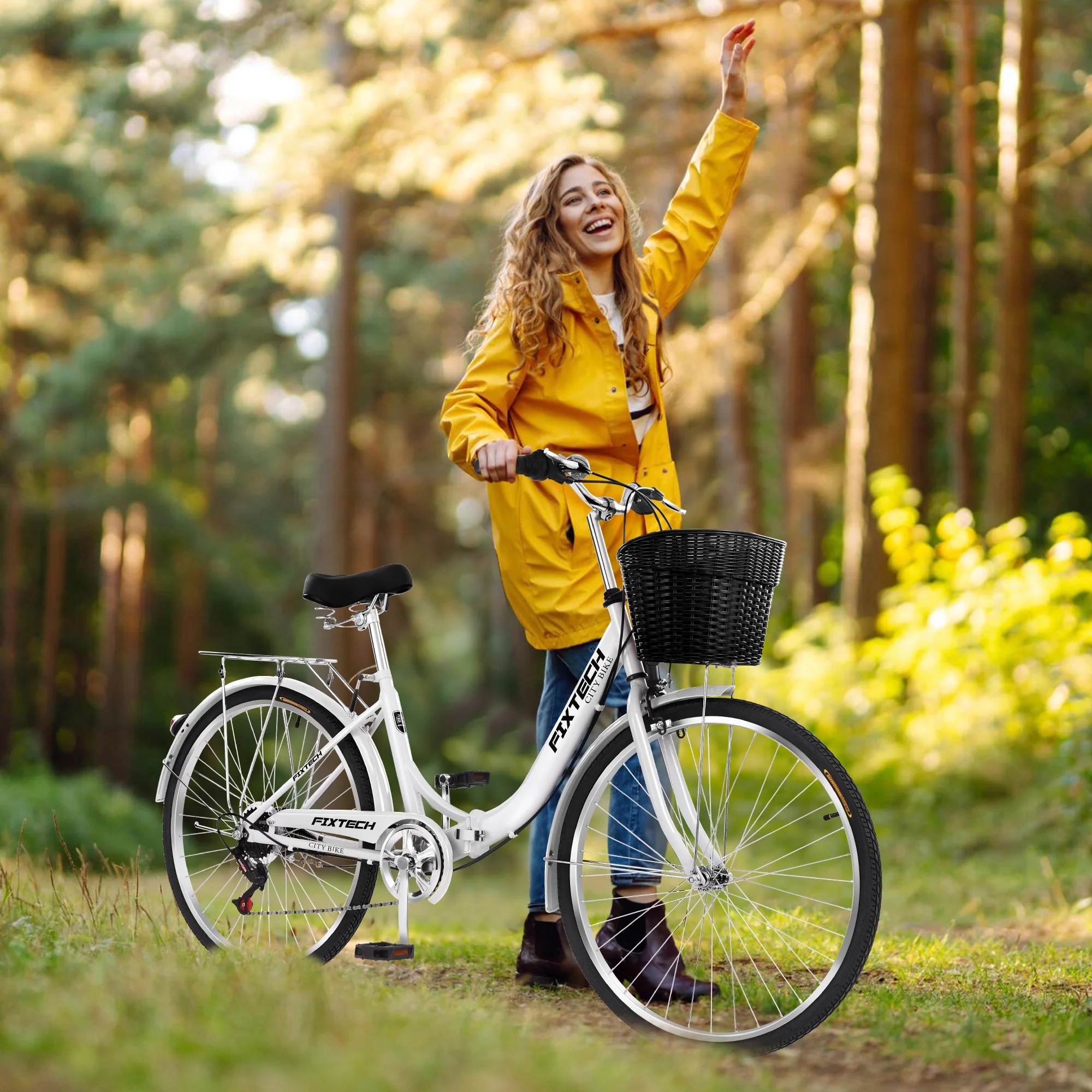 FIXTECH 26 Inch 7 Speed Foldable City Bike, Cruiser Bike, Carbon Steel Bicycle for Adults, White - Womvr