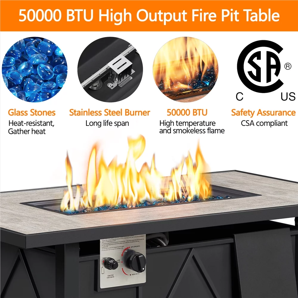 Alden Design 43in Propane Fire Pit Table with Ceramic Tabletop & Steel Base, Black - Womvr