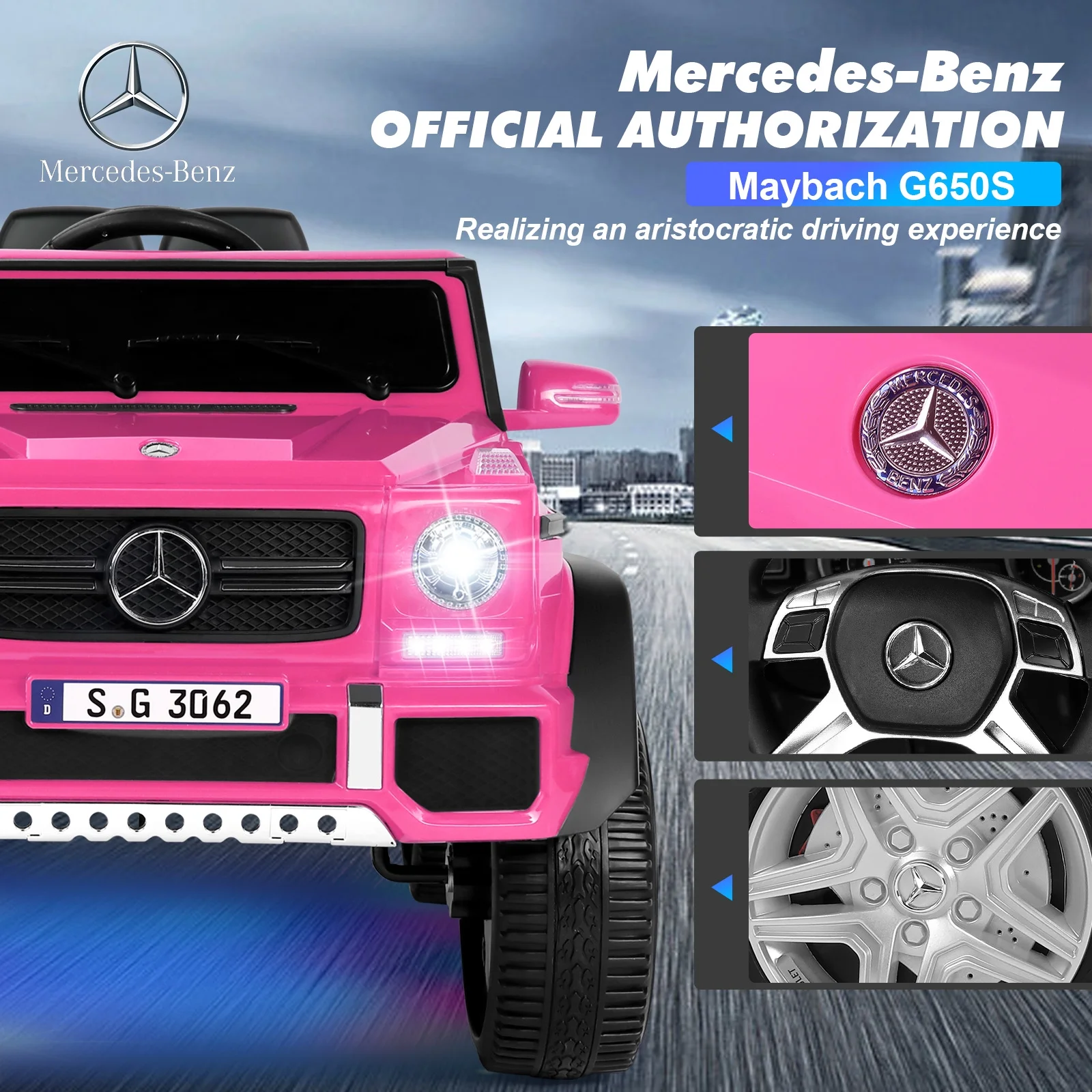 JOYLDIAS 12V Kids Ride on Car 3 Speeds Licensed Mercedes-Benz Electric Toy w/ Bluetooth, Remote Control, LED Lights (Pink) - Womvr