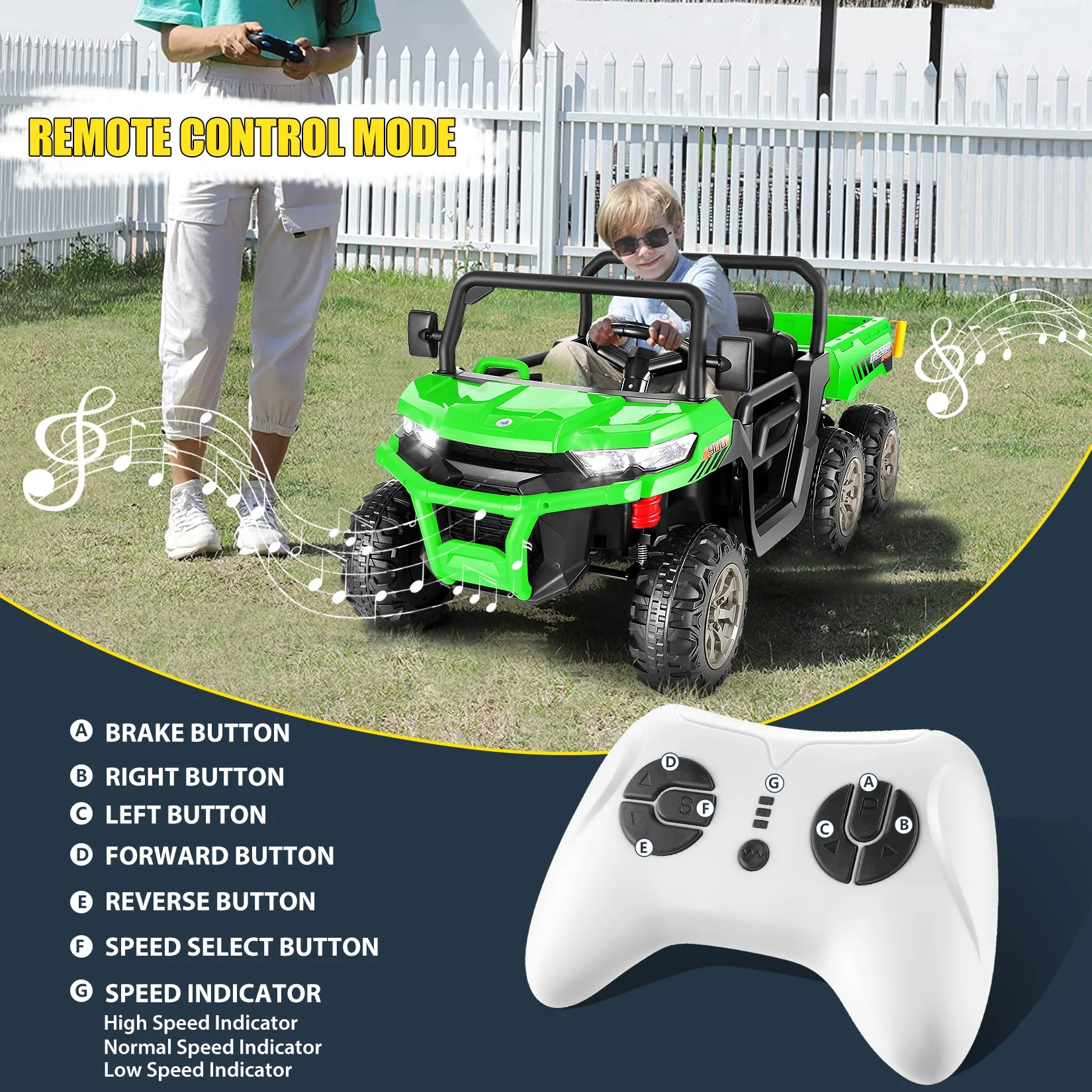 Funcid 24 V 4WD Kids Kids Ride on UTV with Remote Control, 2 Seater 6-Wheel Ride on Dump Truck Car, Ride on Toys w/ Tipping Bucket Trailer & Shovel,Bluetooth Music, Black - Womvr