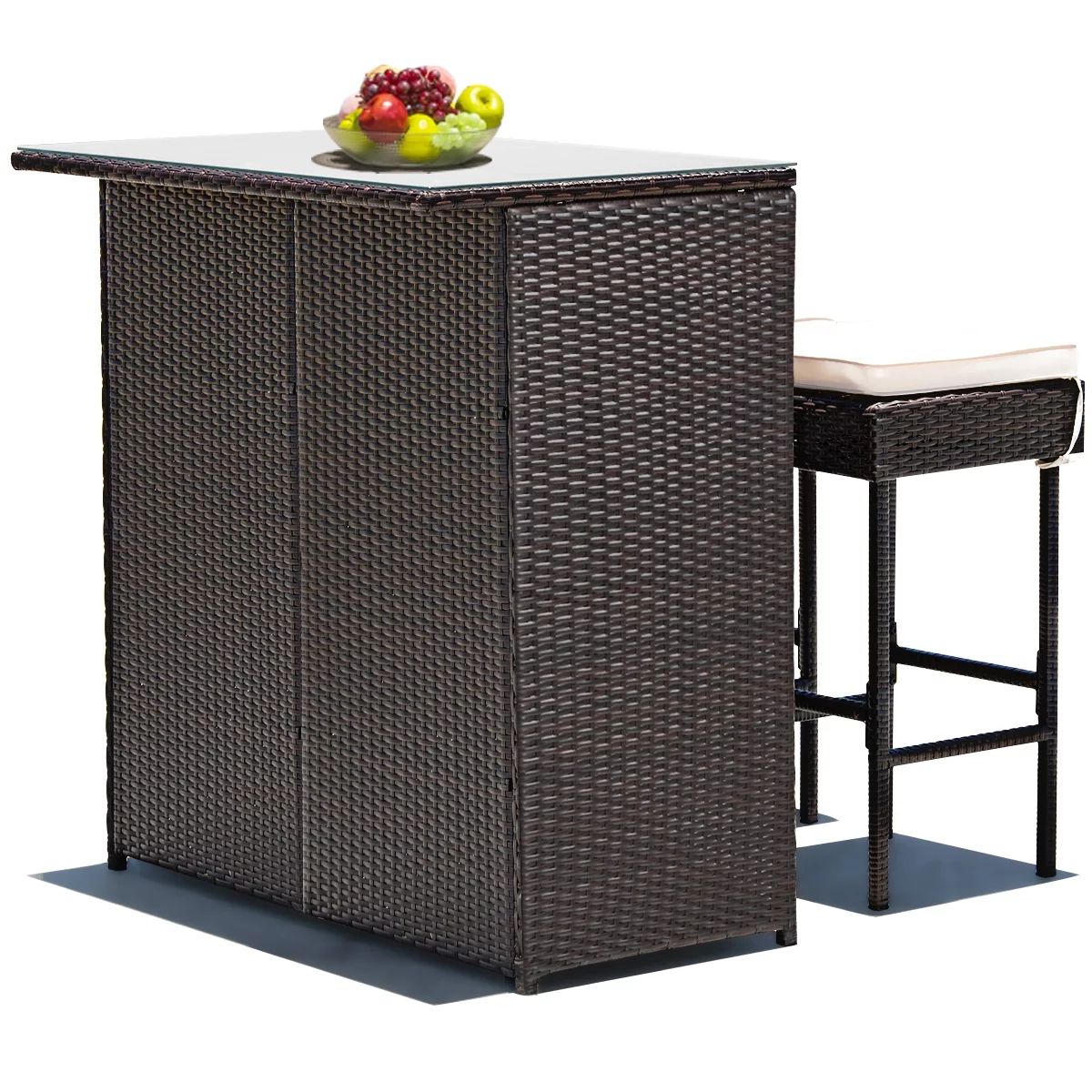 Costway 3PCS Patio Rattan Wicker Bar Table Stools Dining Set Cushioned Chairs Garden - Womvr