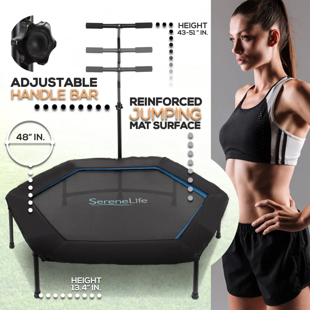 SereneLife SLELT518 - Pro Aerobics Fitness Trampoline - Portable Gym Sports Trampoline with Adjustable Handrail - Womvr