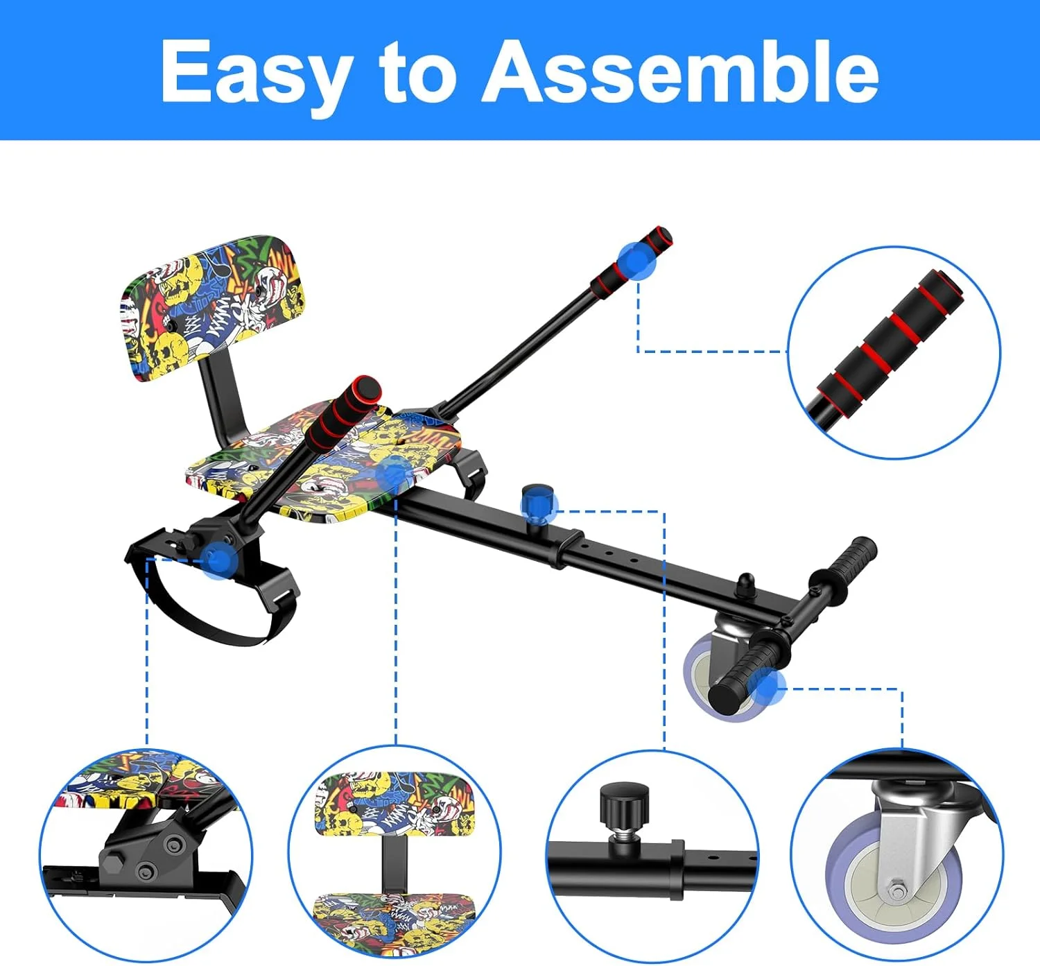 SISIGAD Hoverboard with Seat, 6.5 inch Hoverboard Go Kart Combo with Bluetooth Speaker & LED Lights for Kids Adults - Womvr