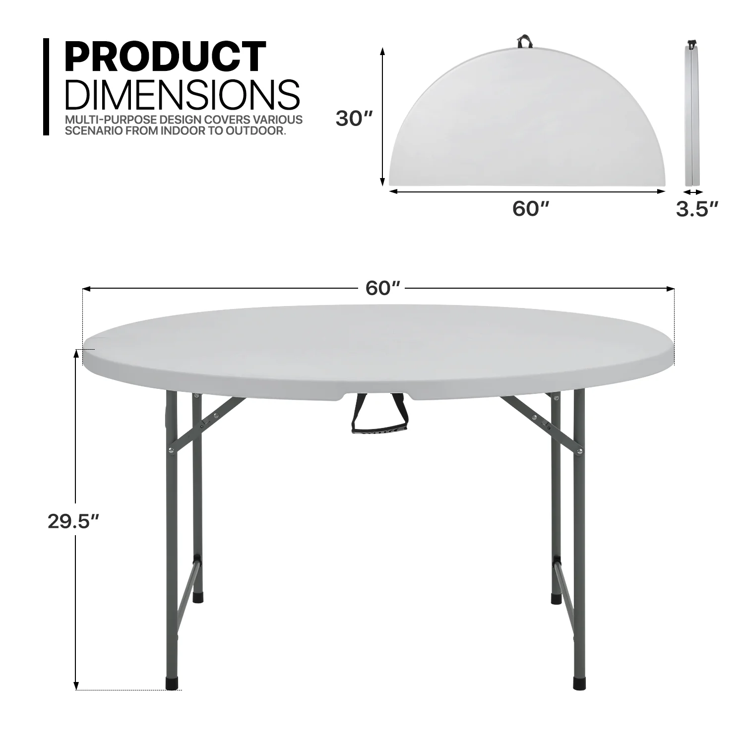MoNiBloom 5 foot Round Bi-Fold Plastic Table, Metal Frame Indoor Outdoor 60 Inch Foldable Desk for Kitchen Party Wedding, Grey - Womvr