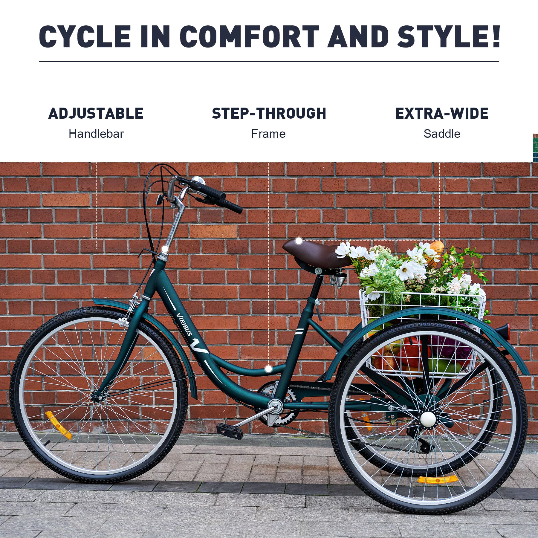 VIRIBUS 26 Inch Adult Tricycle 3 Wheel Bike with 7 Speeds & Basket for Men Women, Black - Womvr