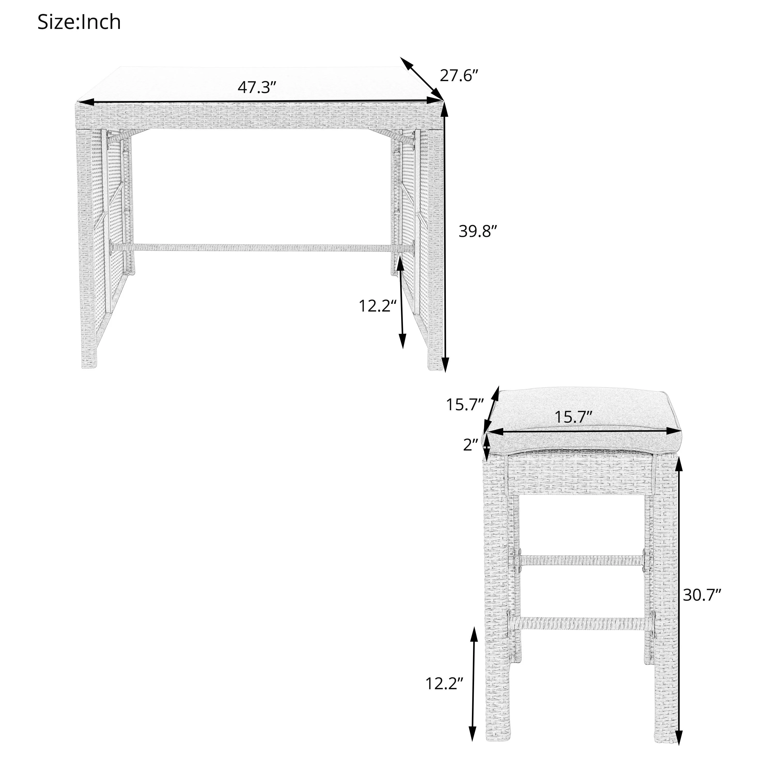SESSLIFE 5 Piece Outdoor Rattan Dining Set with Storage Shelf, Patio Bar Table and 4 Stools Set, Modern Gray Wicker Outdoor Furniture Sets - Womvr