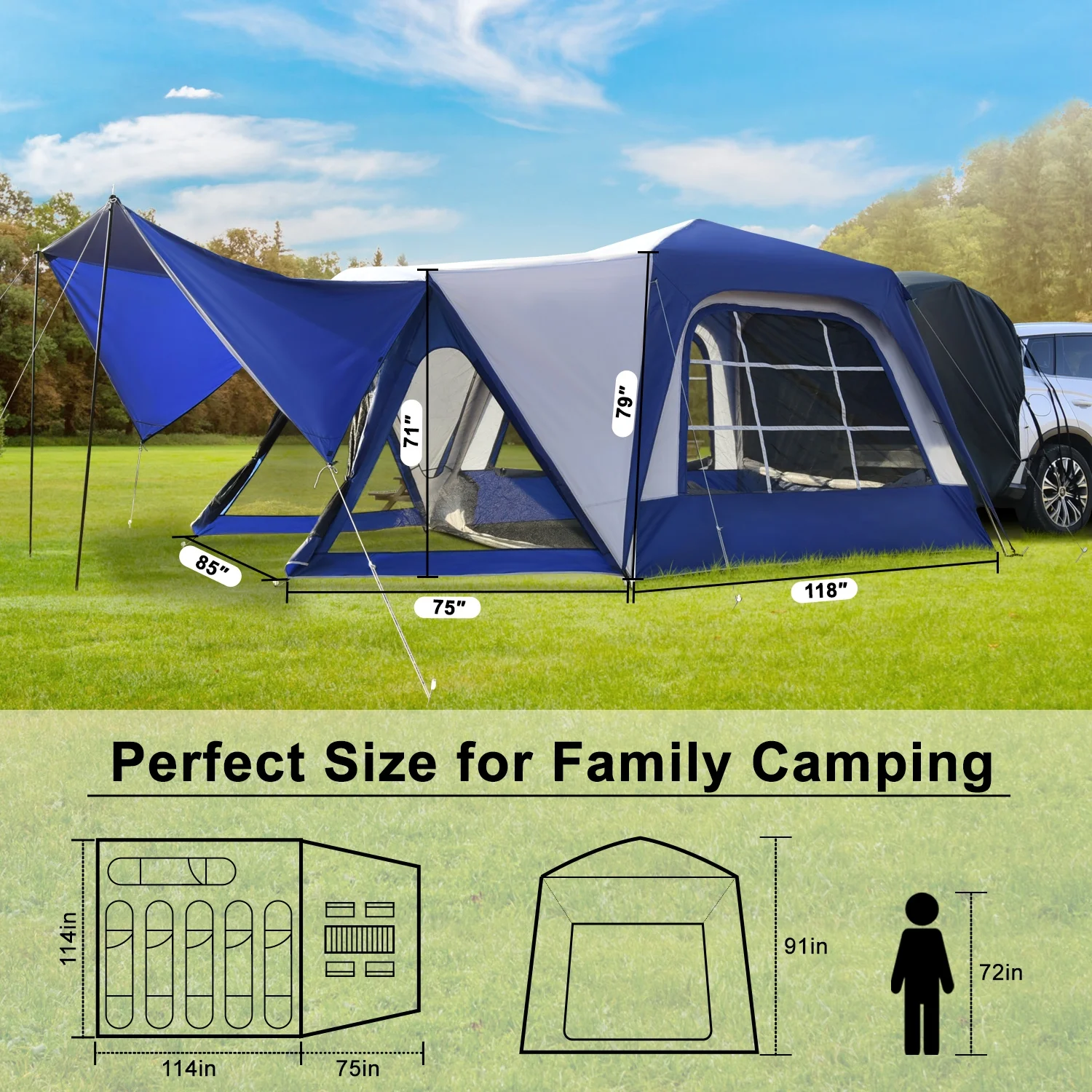 Slsy SUV Tent with Porch for Camping, 6-Person 10' x 10' Car Camping Tent w/ Screen House Room, Universal Waterproof SUV Camping Tent for Travel Camp Outdoor - Womvr