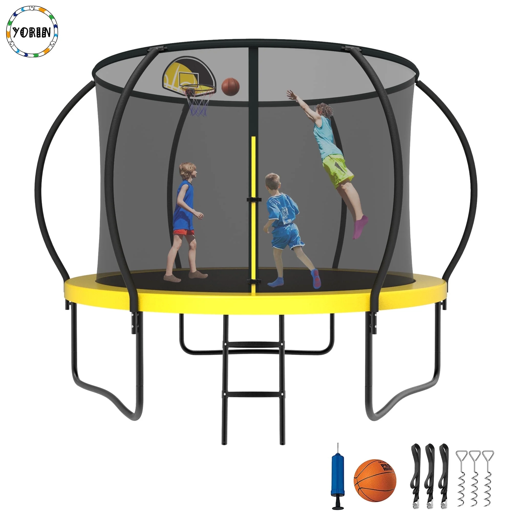 YORIN Trampoline for 2-3 Kids, 8FT 10FT Trampoline for Adults with Enclosure Net, Basketball Hoop, Ladder, 800LBS Outdoor Recreational Trampoline with Light, Sprinkler, Socks, Heavy Duty Trampoline - Womvr
