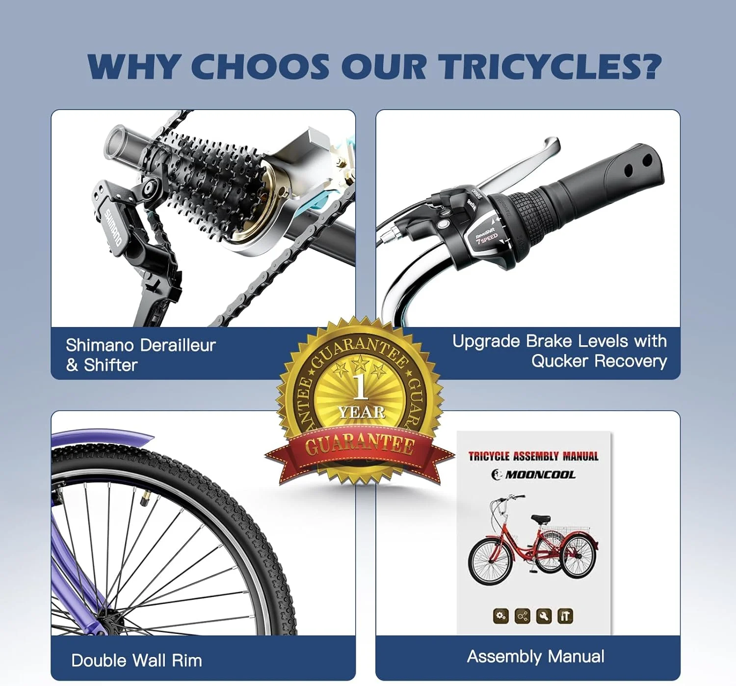 MOONCOOL Adult Tricycles with Rear Basket, 24 26 inch 7 Speed 3 Wheel Bikes, Three-Wheeled Bicycles Adult Trike with Backrest for Seniors, Women, Men - Womvr