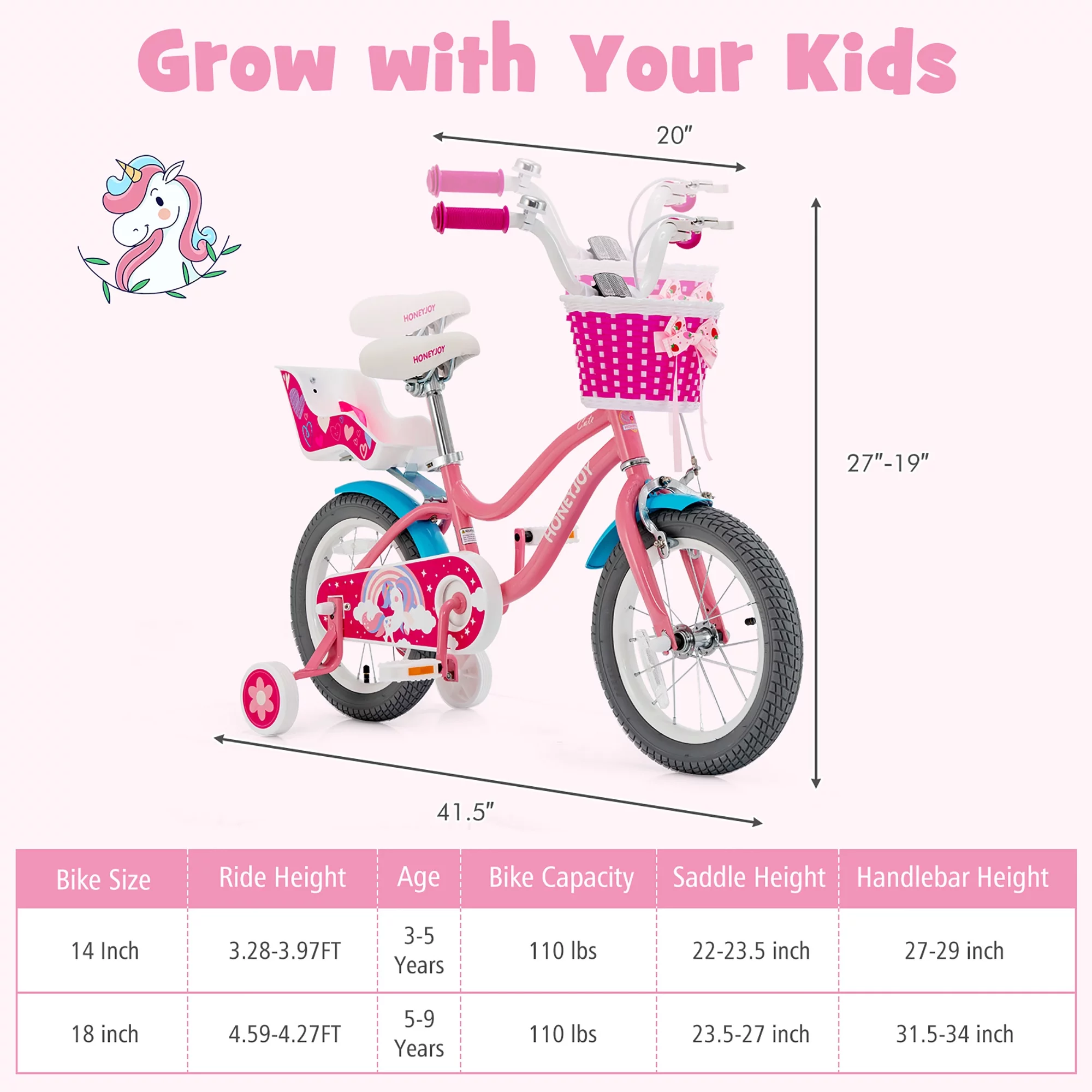 Honeyjoy 14 Inches Kids Bicycle w/Training Wheels & Basket for Boys & Girls Age 3-5 Years - Womvr