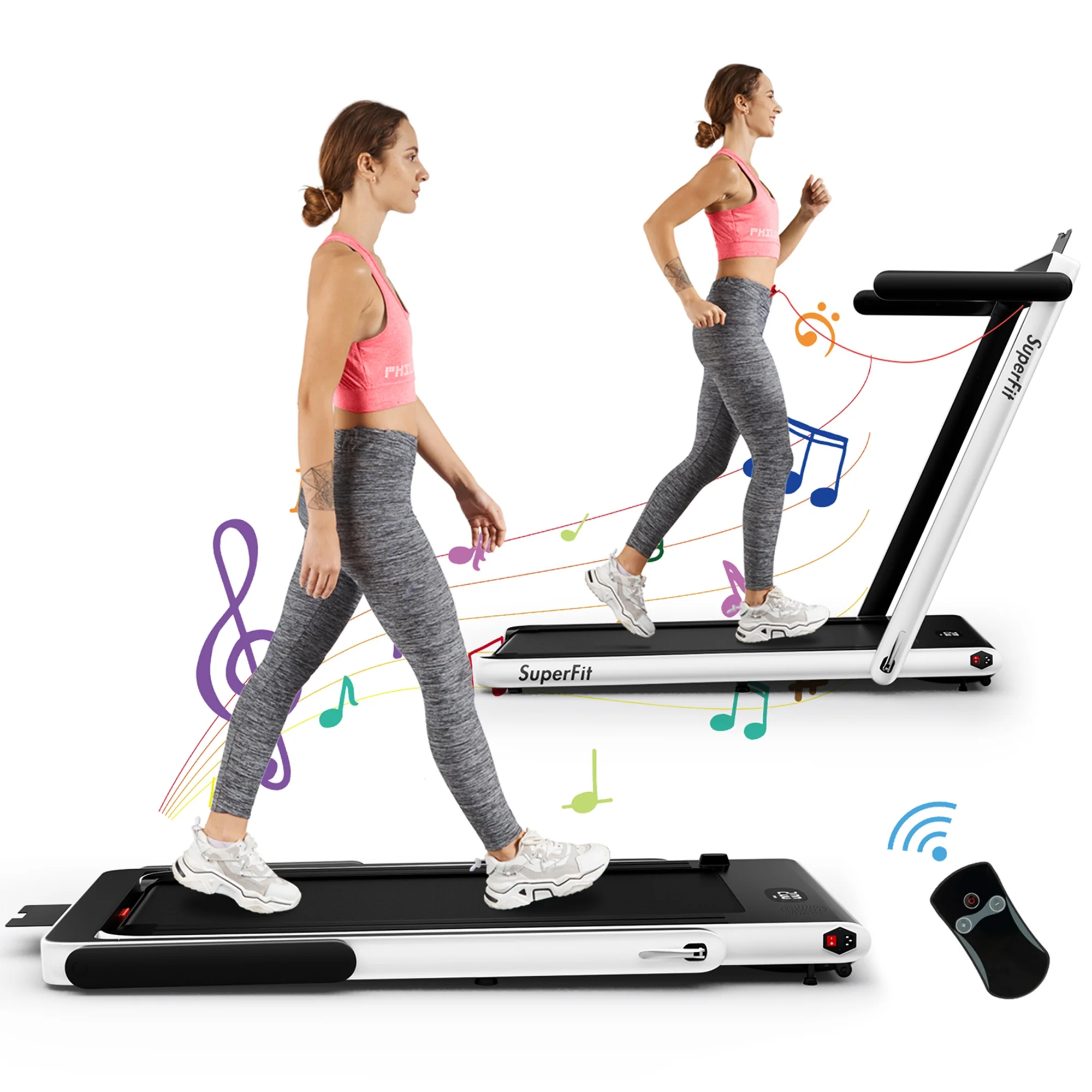 SuperFit Up To 7.5MPH 2.25HP 2 in 1 Single Display Screen Folding Treadmill Remote Control W/ APP Control Speaker Black - Womvr