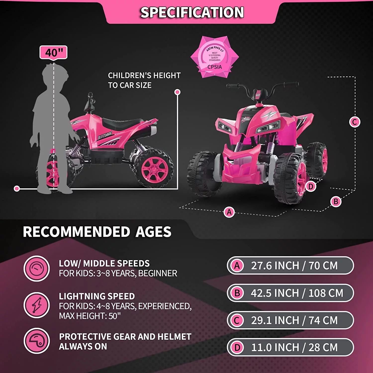 Blitzshark 24V Kids Ride on ATV 4WD Quad Powerful 4-Wheeler, with Big Battery, 6 MPH Speed, Metal Suspension, Police Rider - Womvr