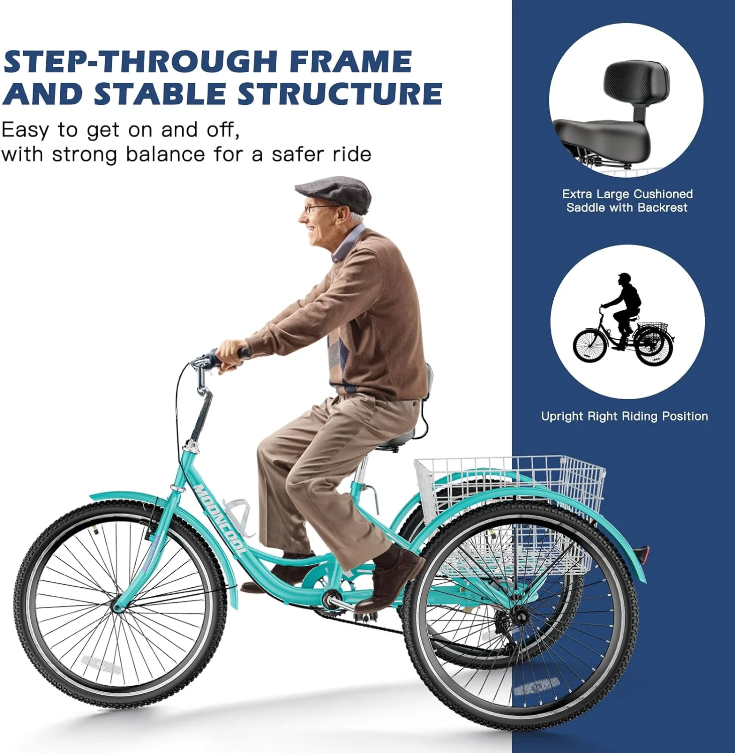MOONCOOL Adult Tricycles with Rear Basket, 24 26 inch 7 Speed 3 Wheel Bikes, Three-Wheeled Bicycles Adult Trike with Backrest for Seniors, Women, Men - Womvr