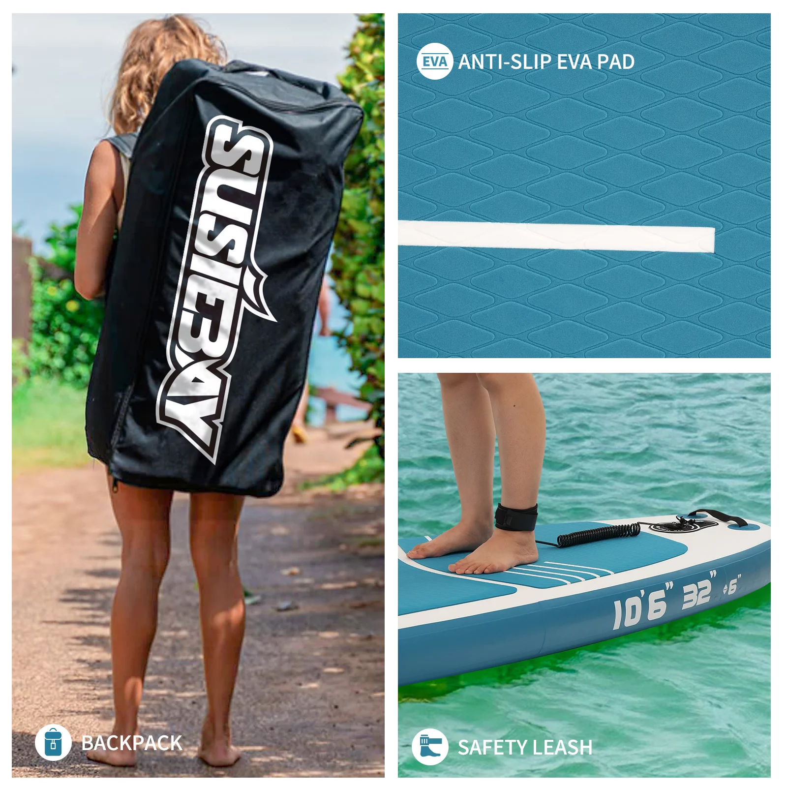 SUSIEBAY Inflatable Stand Up Paddle Board with Premium SUP Accessories and Surfing Backpack | 10'6“ 11ft #Black, Wide Stance, Surf Control, Non-Slip Deck, Paddle and Pump for Youth & Adult - Womvr