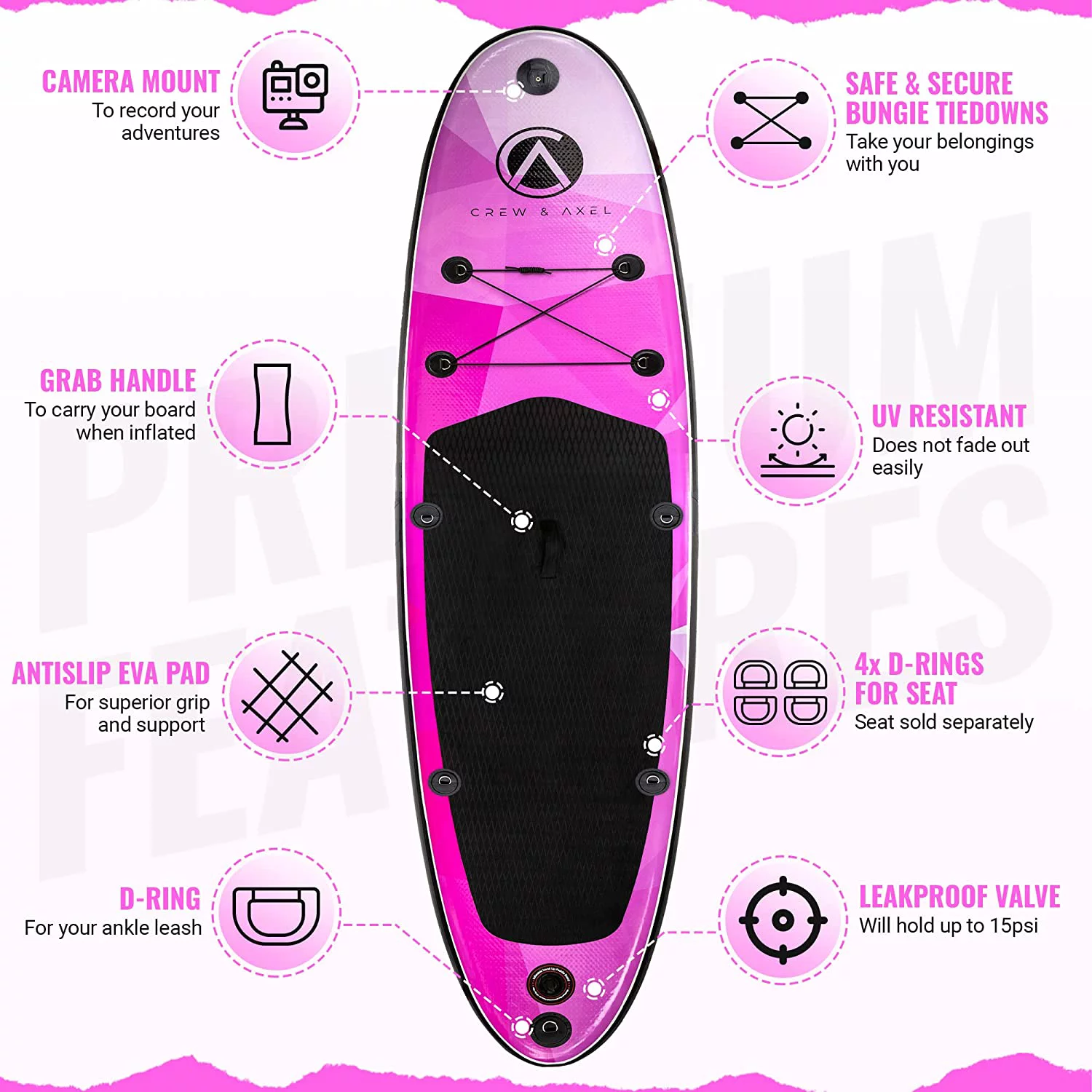 Crew Axel Inflatable Paddle Board 10'33'6” (18lb) SUP Kit Includes Paddle Pump Bag Shiny Pink - Womvr