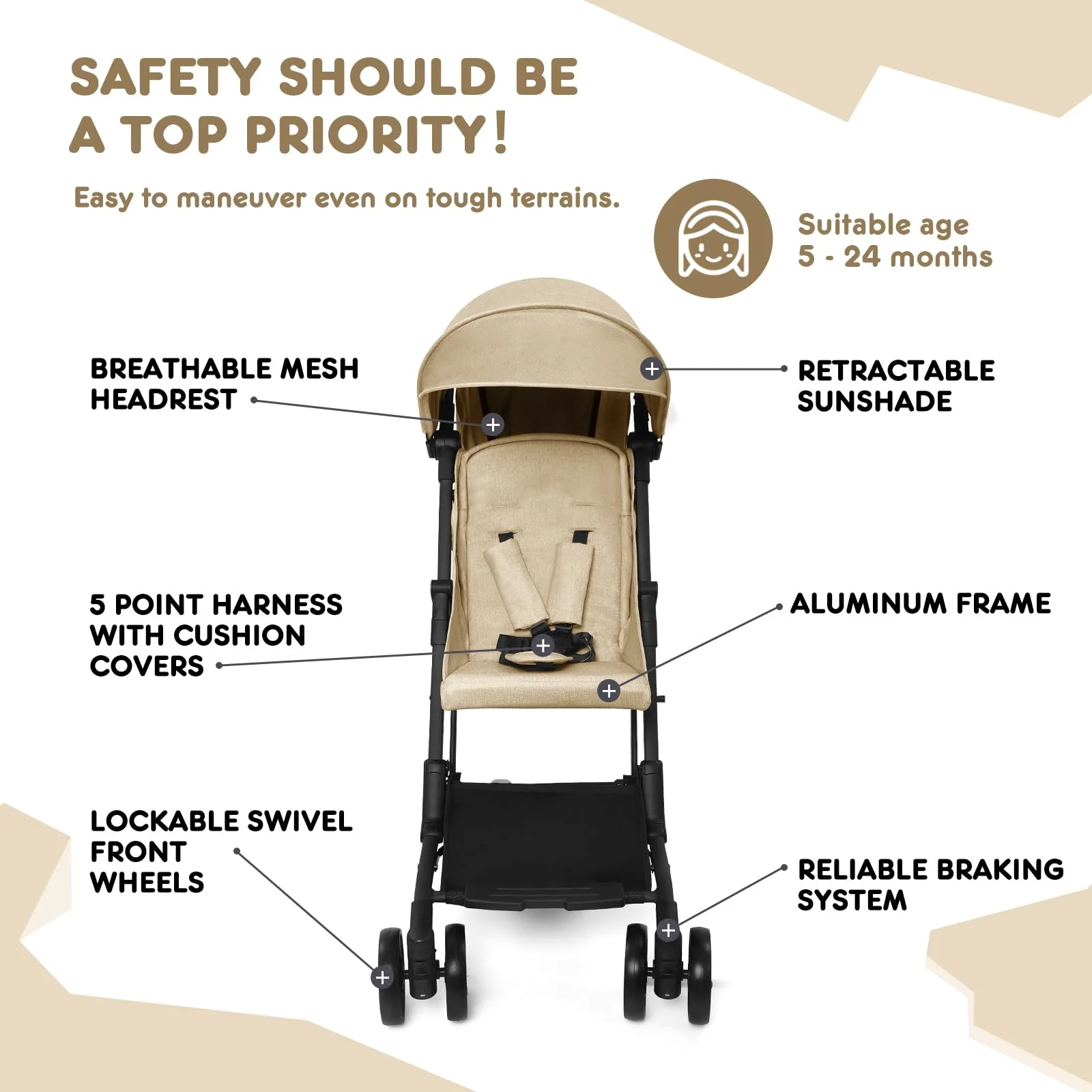 HARPPA Lightweight Travel Stroller, Compact Umbrella Stroller for Babies, Easy Folding, Black - Womvr