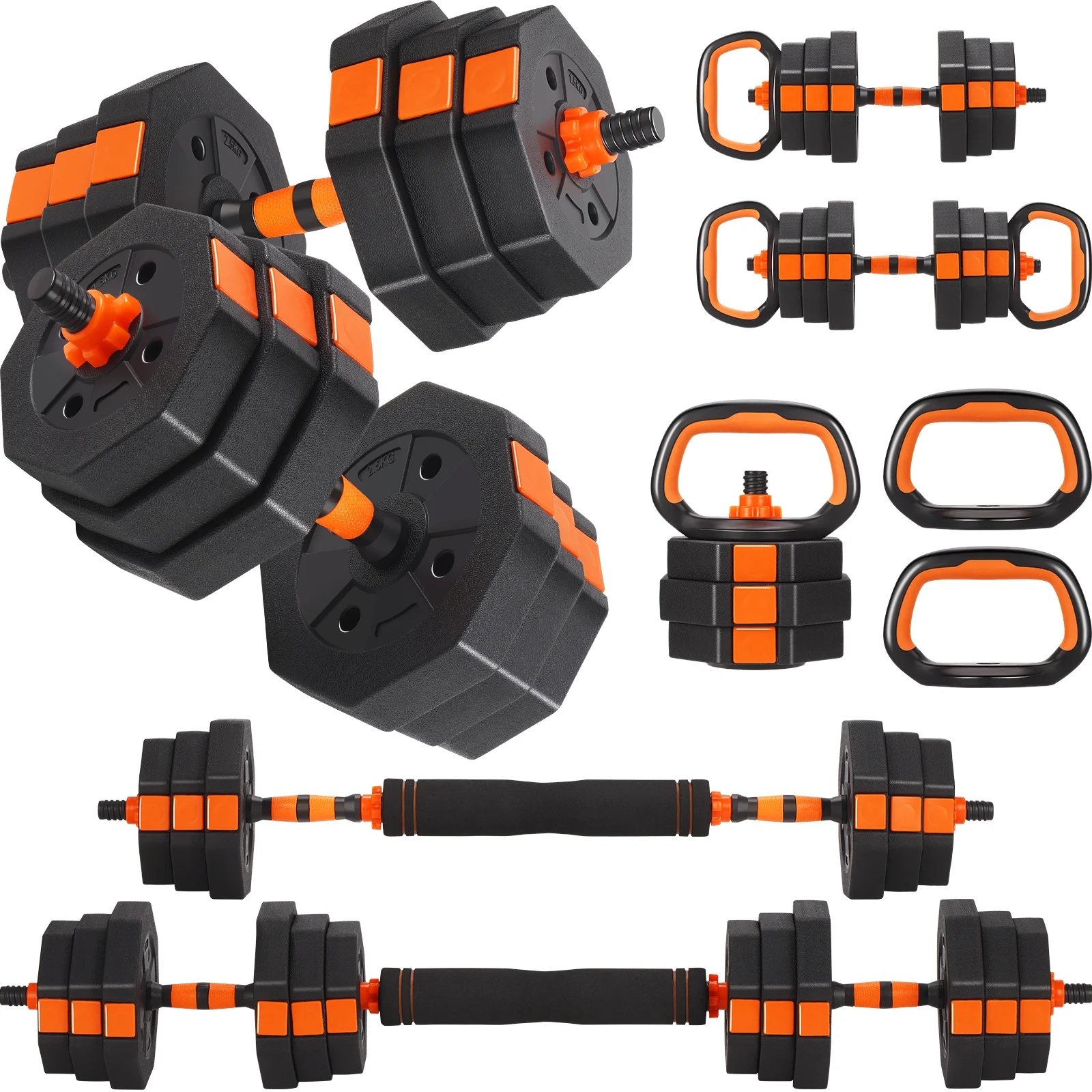 ARVAKOR 66Lbs Adjustable Dumbbell Set �C Octagonal Anti-Roll Design, Non-Slip Grip, Versatile Weights with Barbell, Kettlebell, Push-Up Options, Orange - Womvr