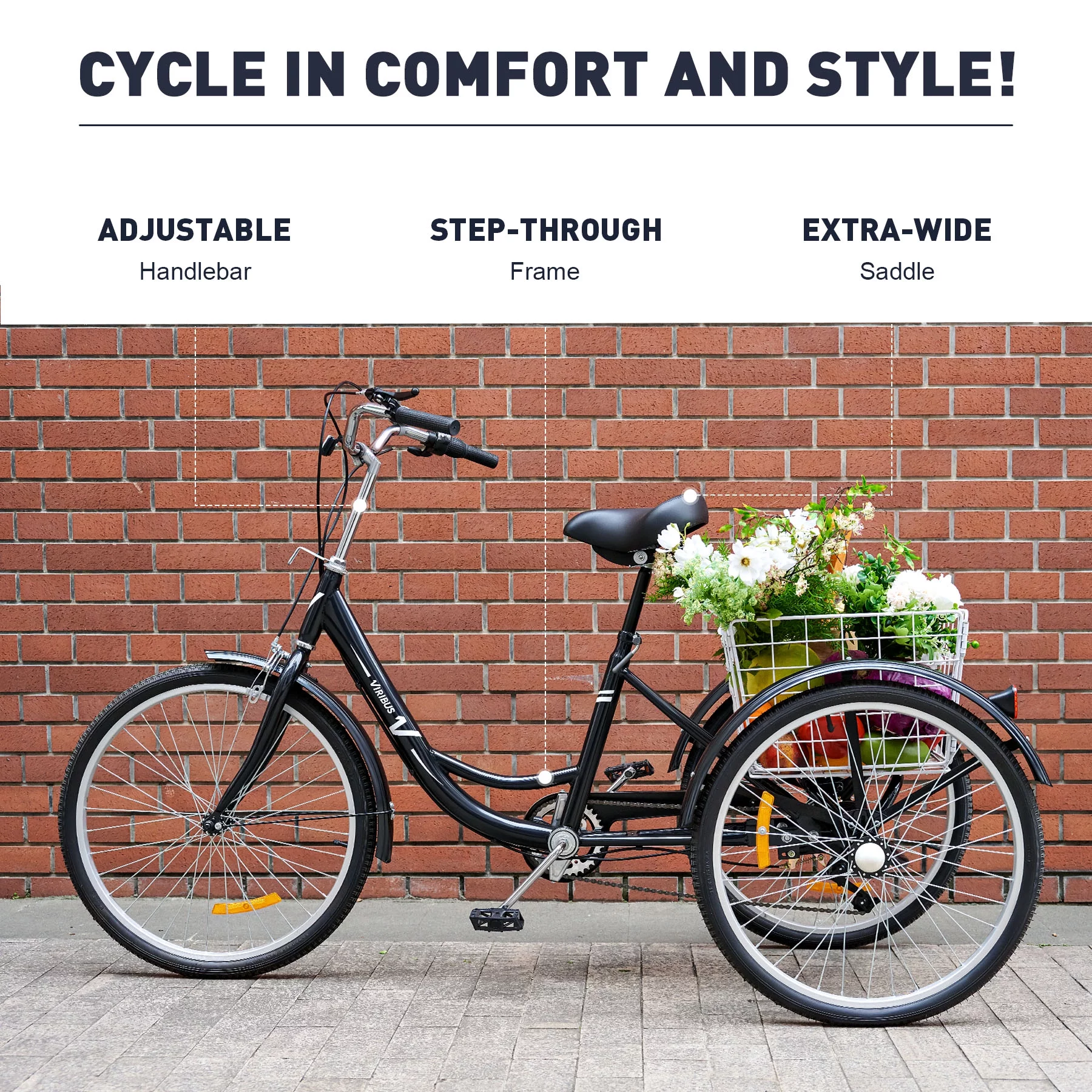 VIRIBUS 26 Inch Adult Tricycle 3 Wheel Bike with 7 Speeds & Basket for Men Women, Black - Womvr
